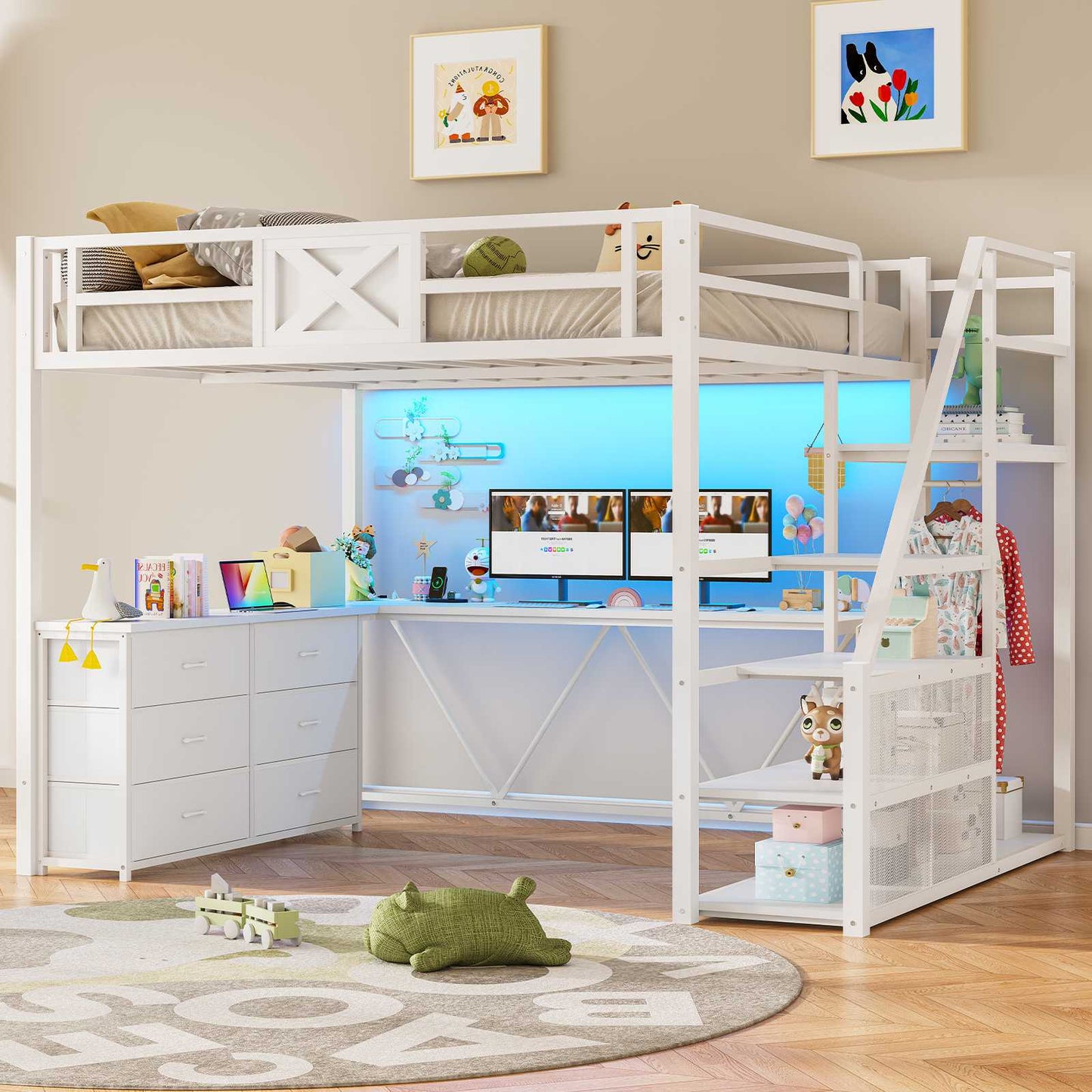Itaar | Full Size Loft Bed with Desk and Storage Stairs Metal Loft Bed with 6 Storage Drawers Hall Tree LED Lights and Power Outlet