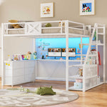 Itaar | Full Size Loft Bed with Desk and Storage Stairs Metal Loft Bed with 6 Storage Drawers Hall Tree LED Lights and Power Outlet