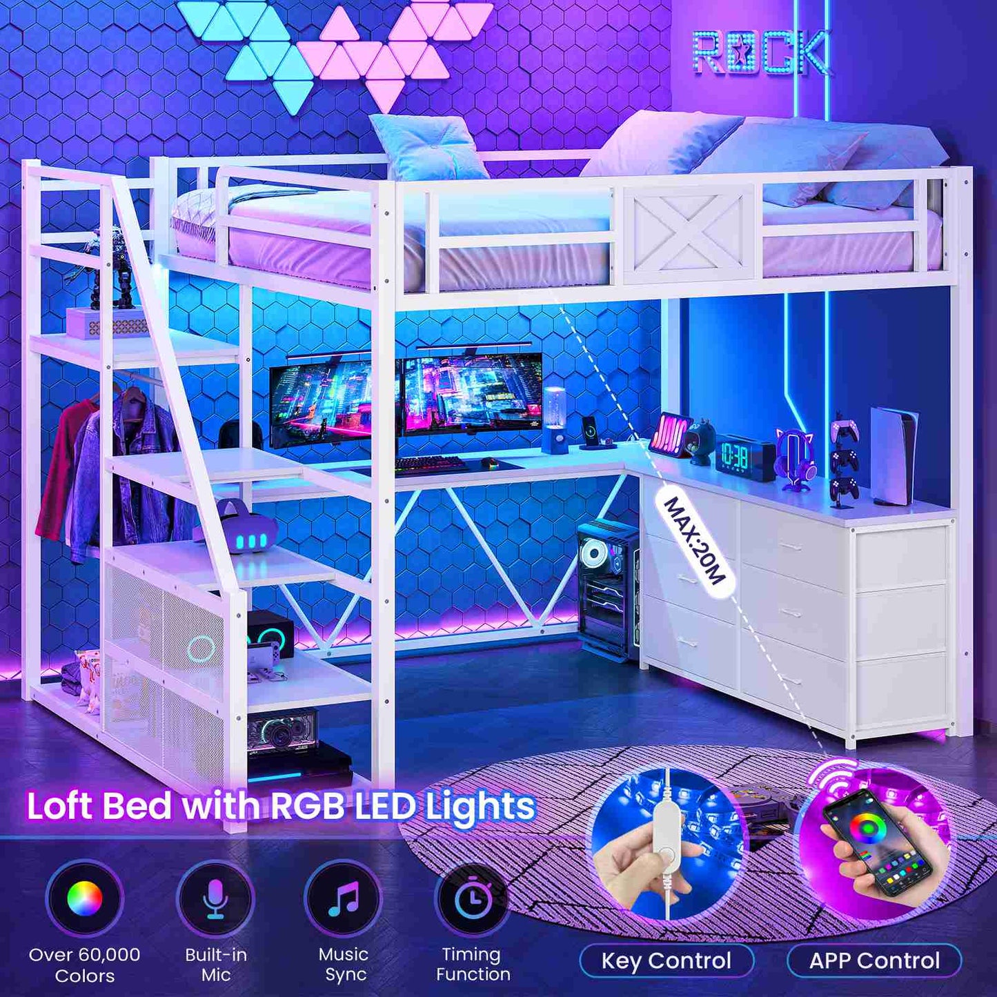Itaar | Full Size Loft Bed with Desk and Storage Stairs Metal Loft Bed with 6 Storage Drawers Hall Tree LED Lights and Power Outlet