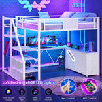 Itaar | Full Size Loft Bed with Desk and Storage Stairs Metal Loft Bed with 6 Storage Drawers Hall Tree LED Lights and Power Outlet