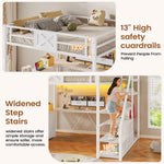 Itaar | Full Size Loft Bed with Desk and Storage Stairs Metal Loft Bed with 6 Storage Drawers Hall Tree LED Lights and Power Outlet