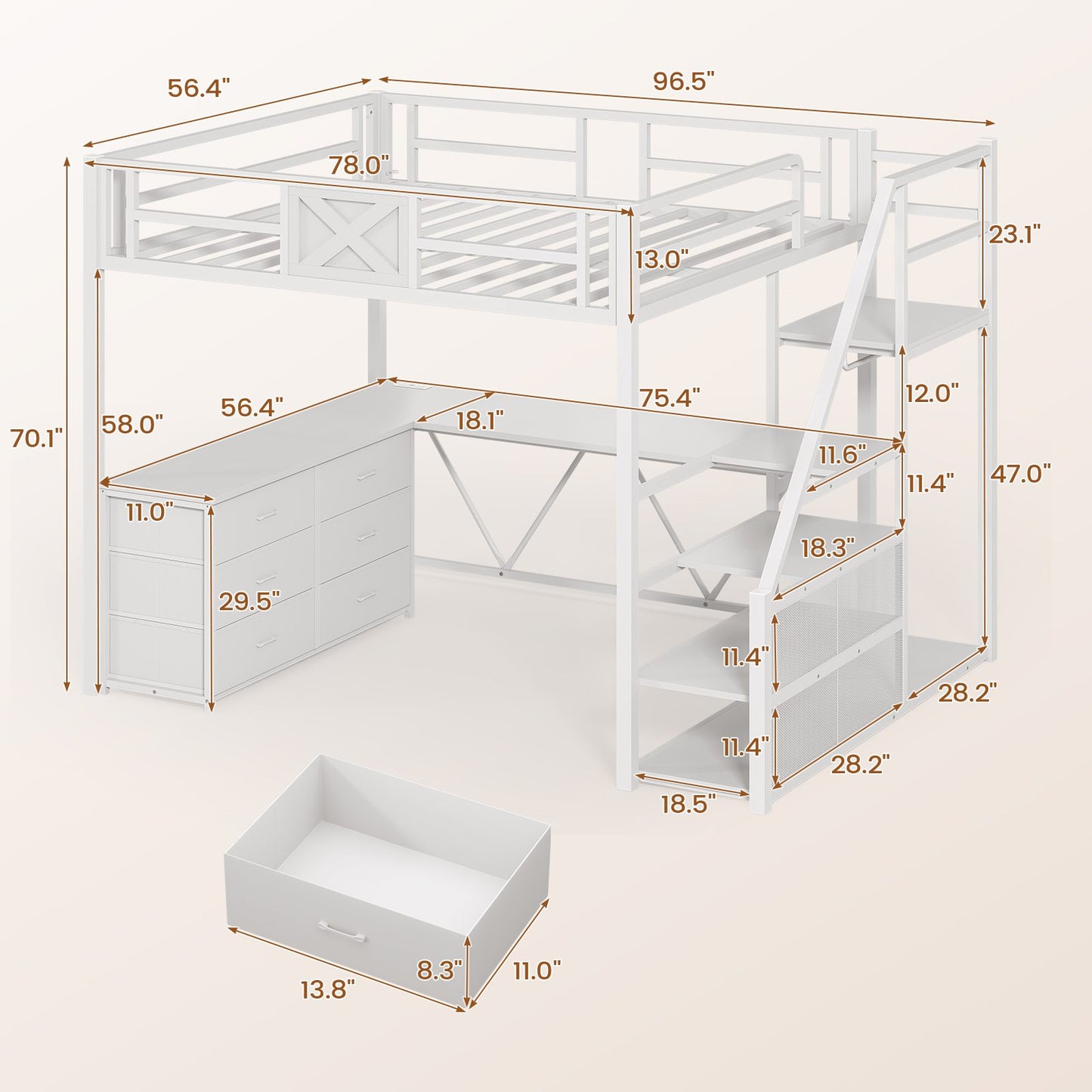 Itaar | Full Size Loft Bed with Desk and Storage Stairs Metal Loft Bed with 6 Storage Drawers Hall Tree LED Lights and Power Outlet