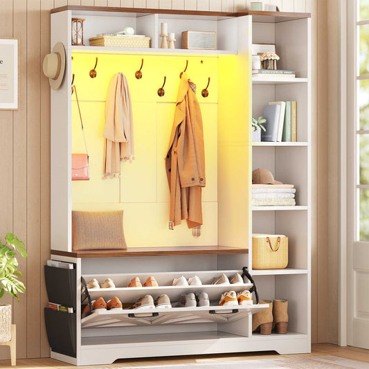 Itaar | Hall Tree with Bench and Shoe Storage Farmhouse Entryway Bench with Coat Rack Shoe Cabinet with Flip Drawers 7 Shelves 10 Coat Hooks Led Lights