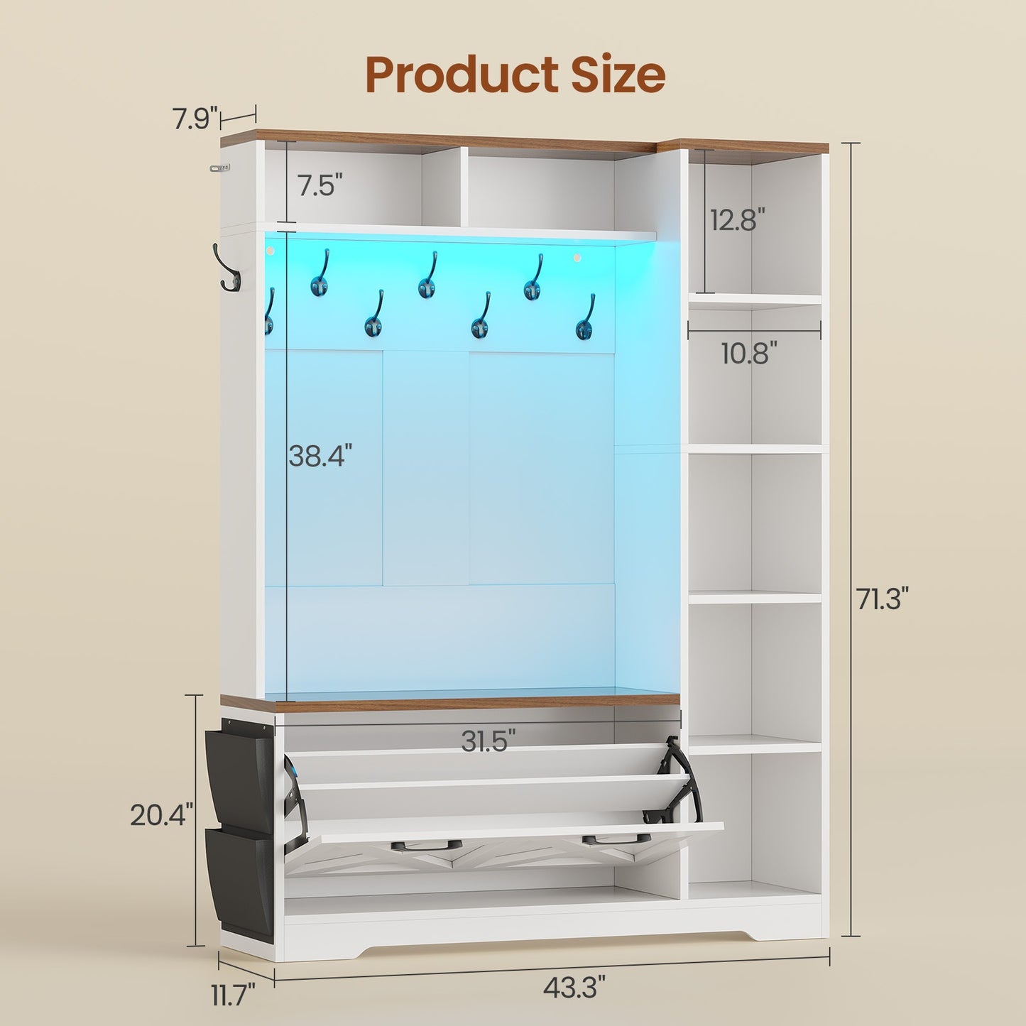 Itaar | Hall Tree with Bench and Shoe Storage Farmhouse Entryway Bench with Coat Rack Shoe Cabinet with Flip Drawers 7 Shelves 10 Coat Hooks Led Lights