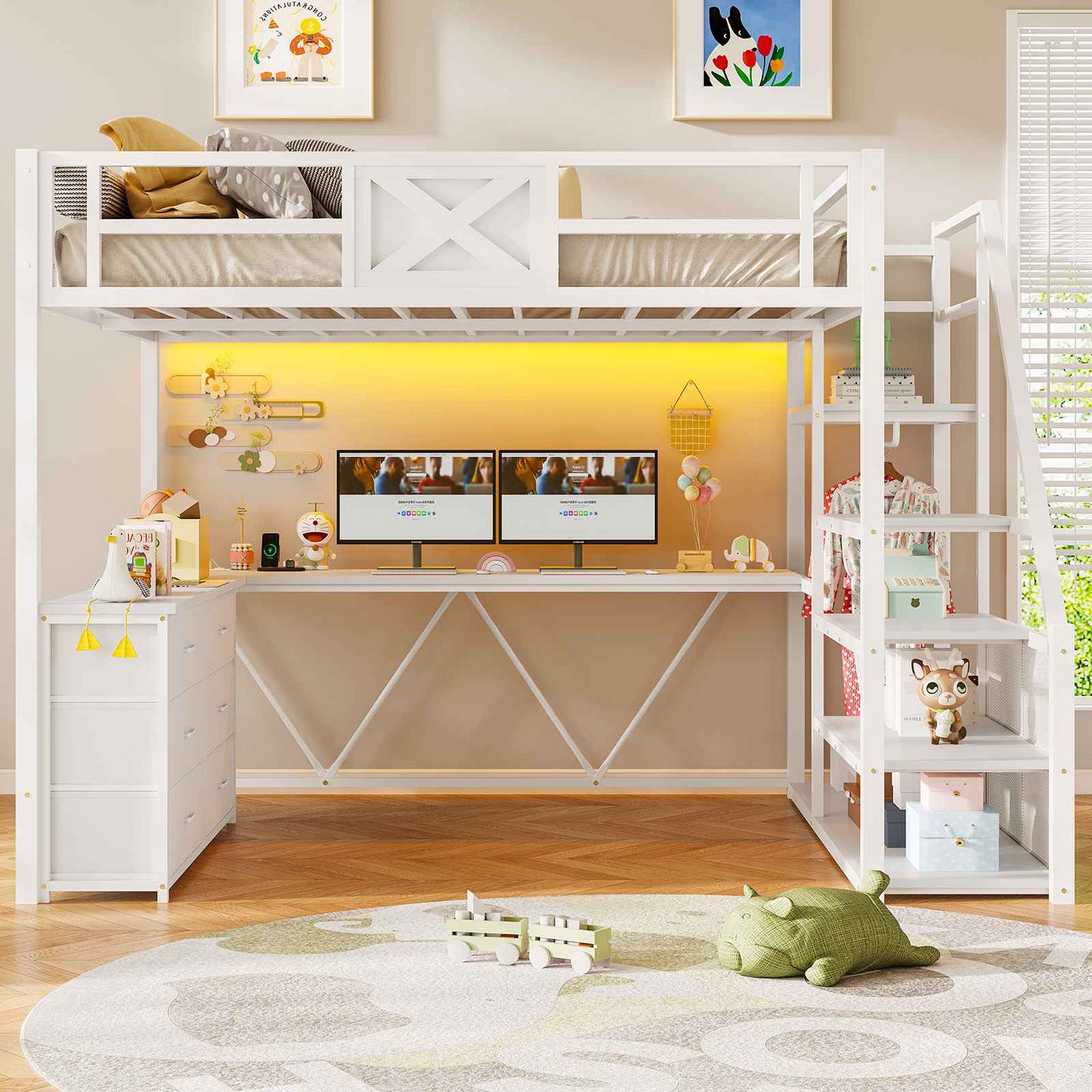 Itaar | Full Size Loft Bed with Desk and Storage Stairs Metal Loft Bed with 6 Storage Drawers Hall Tree LED Lights and Power Outlet