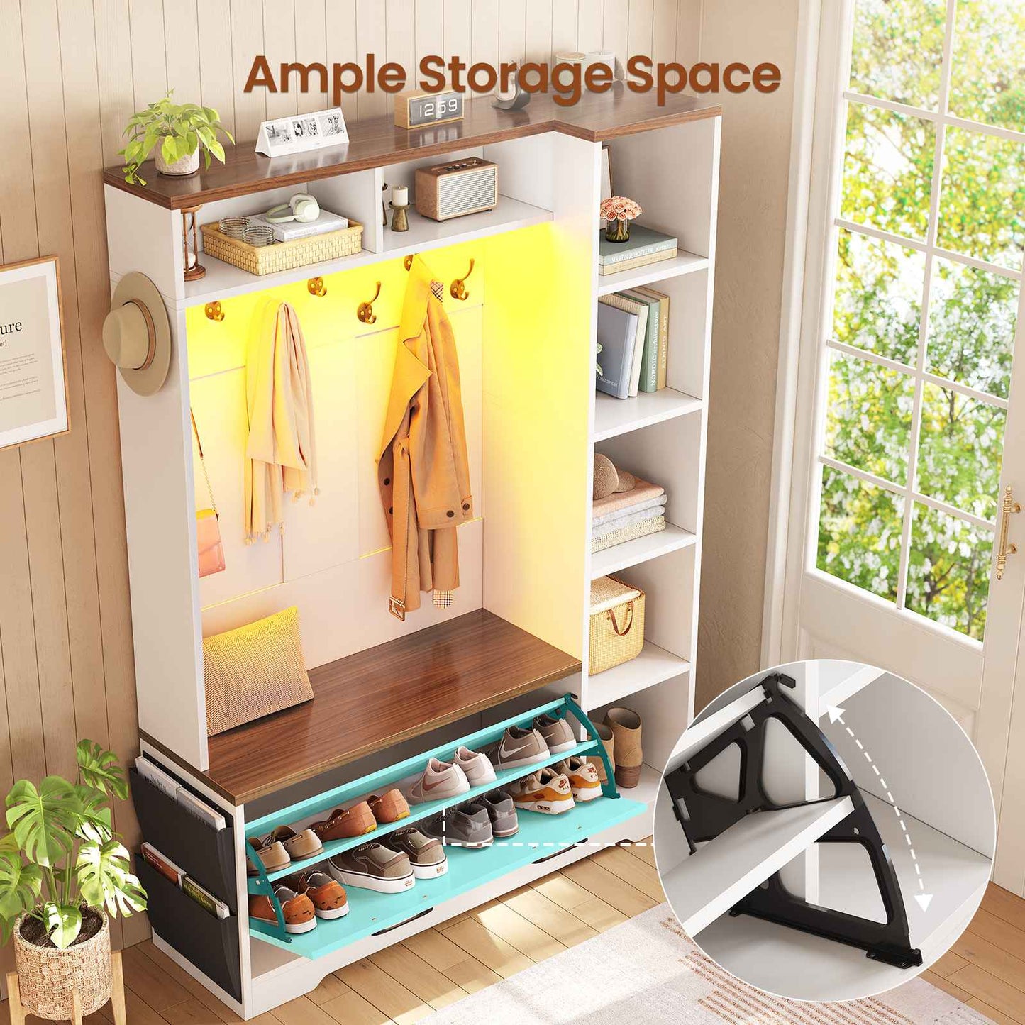 Itaar | Hall Tree with Bench and Shoe Storage Farmhouse Entryway Bench with Coat Rack Shoe Cabinet with Flip Drawers 7 Shelves 10 Coat Hooks Led Lights