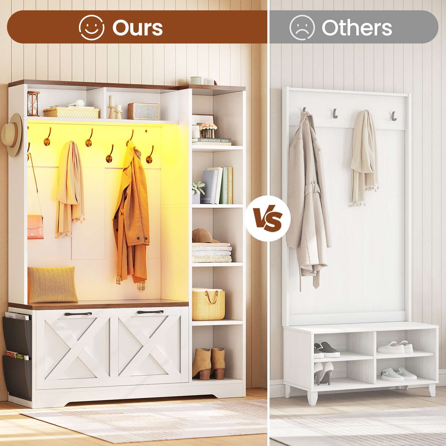 Itaar | Hall Tree with Bench and Shoe Storage Farmhouse Entryway Bench with Coat Rack Shoe Cabinet with Flip Drawers 7 Shelves 10 Coat Hooks Led Lights