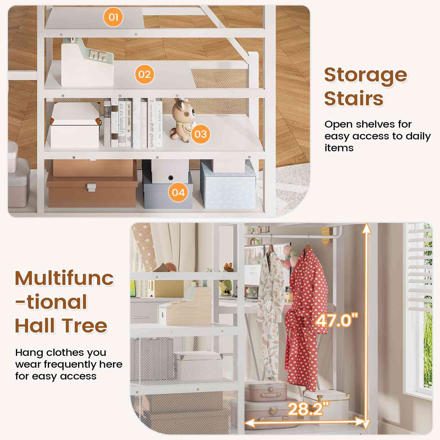 Itaar | Full Size Loft Bed with Desk and Storage Stairs Metal Loft Bed with 6 Storage Drawers Hall Tree LED Lights and Power Outlet