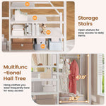 Itaar | Full Size Loft Bed with Desk and Storage Stairs Metal Loft Bed with 6 Storage Drawers Hall Tree LED Lights and Power Outlet