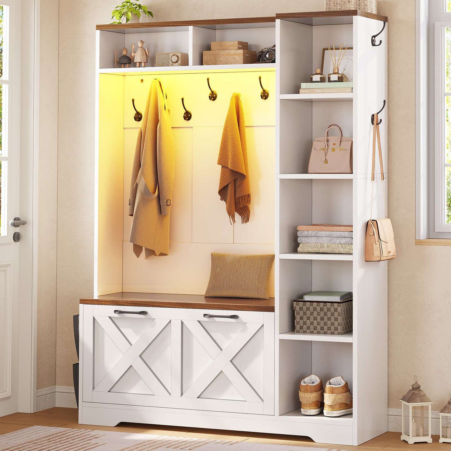 Itaar | Hall Tree with Bench and Shoe Storage Farmhouse Entryway Bench with Coat Rack Shoe Cabinet with Flip Drawers 7 Shelves 10 Coat Hooks Led Lights