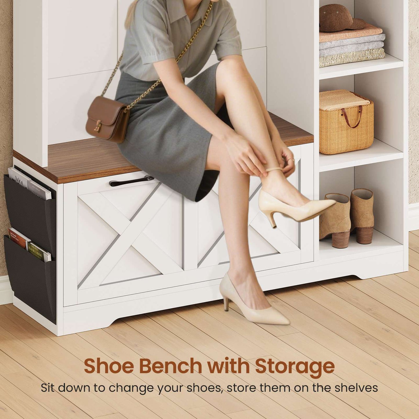 Itaar | Hall Tree with Bench and Shoe Storage Farmhouse Entryway Bench with Coat Rack Shoe Cabinet with Flip Drawers 7 Shelves 10 Coat Hooks Led Lights