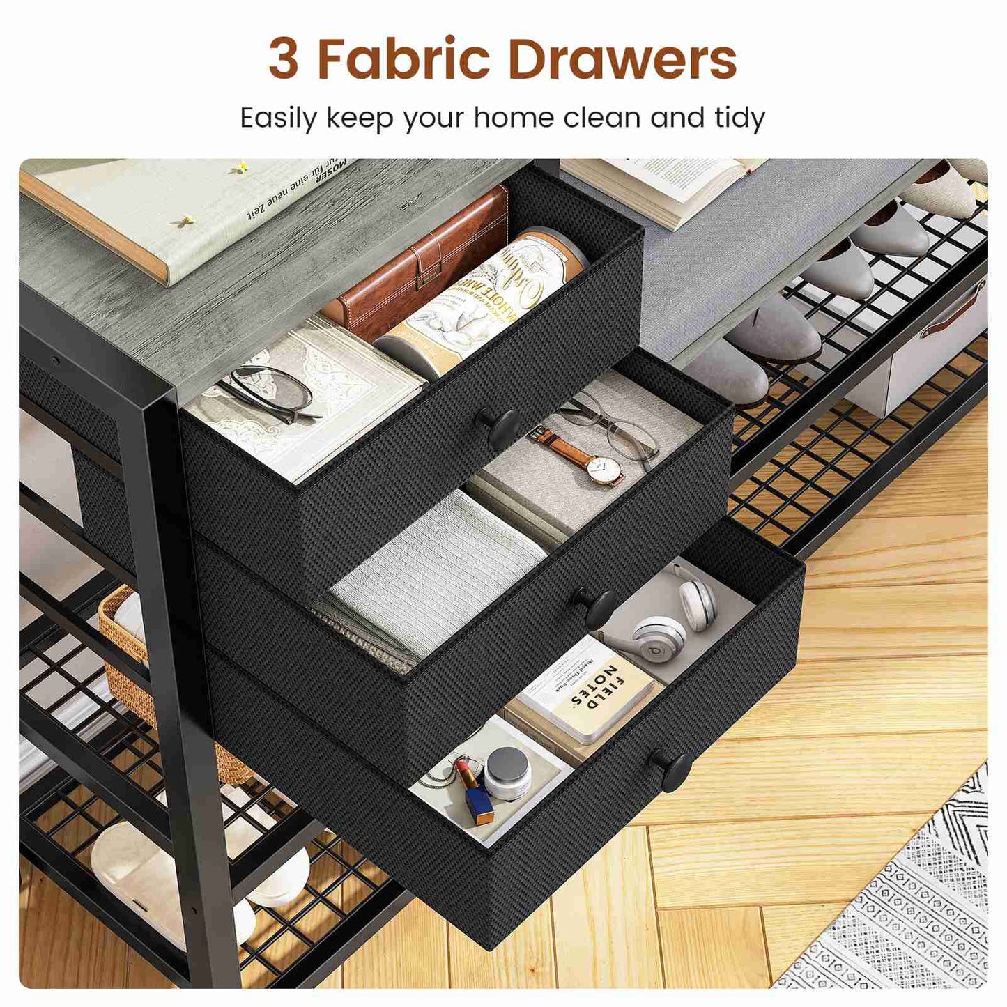Itaar | Coat Rack Hall Tree with Bench and Shoe Storage 7 in 1 Entryway Bench with Soft Cushion Storage Bag 3 Fabric Drawers