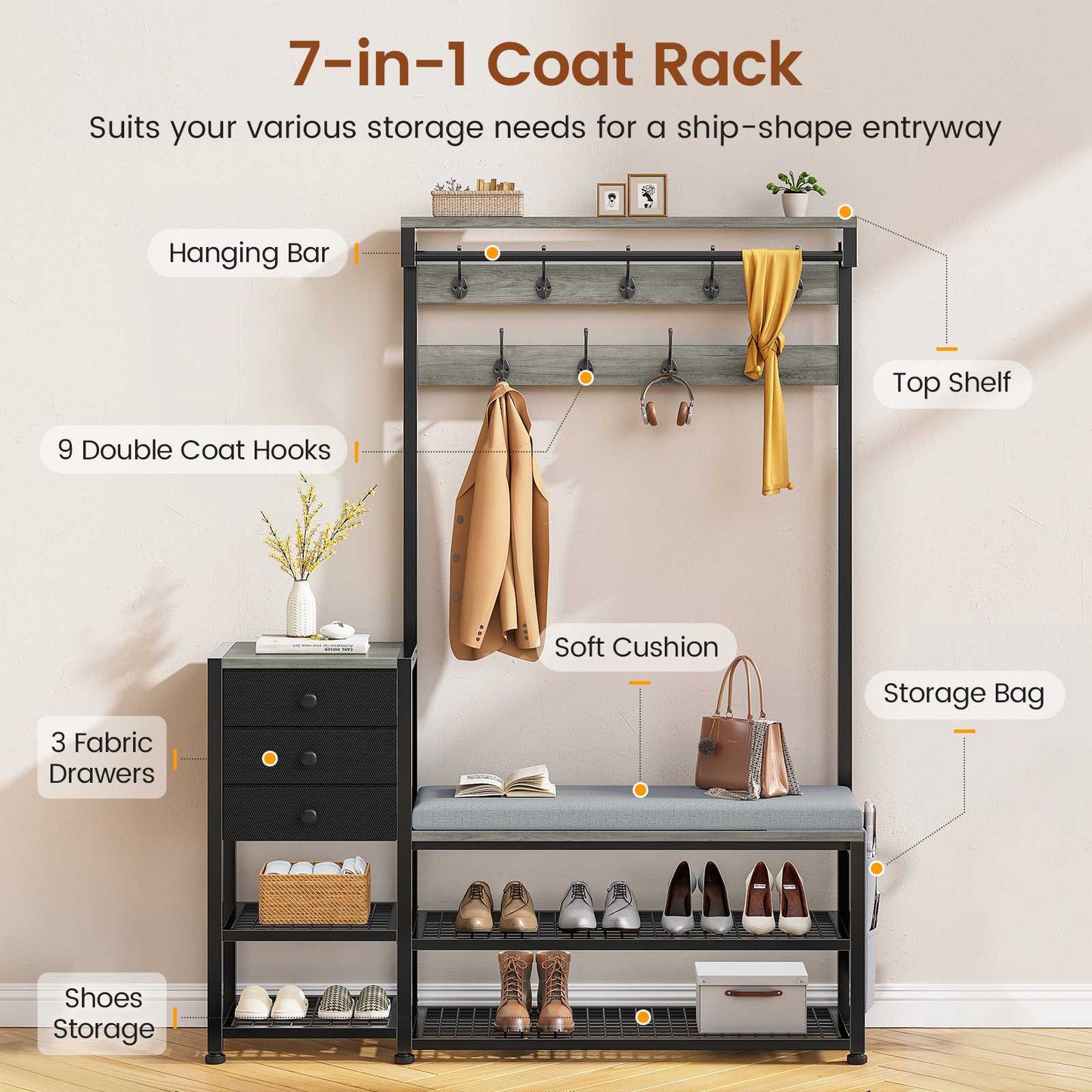 Itaar | Coat Rack Hall Tree with Bench and Shoe Storage 7 in 1 Entryway Bench with Soft Cushion Storage Bag 3 Fabric Drawers