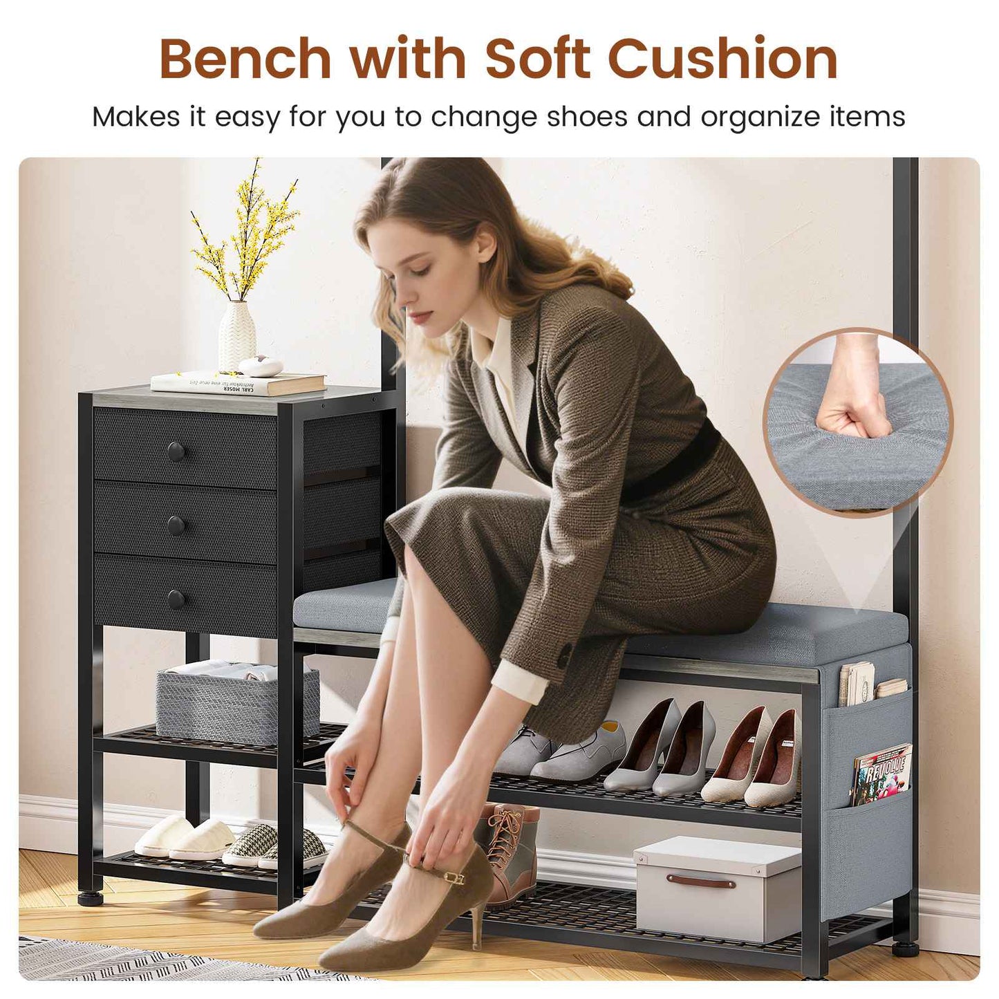 Itaar | Coat Rack Hall Tree with Bench and Shoe Storage 7 in 1 Entryway Bench with Soft Cushion Storage Bag 3 Fabric Drawers