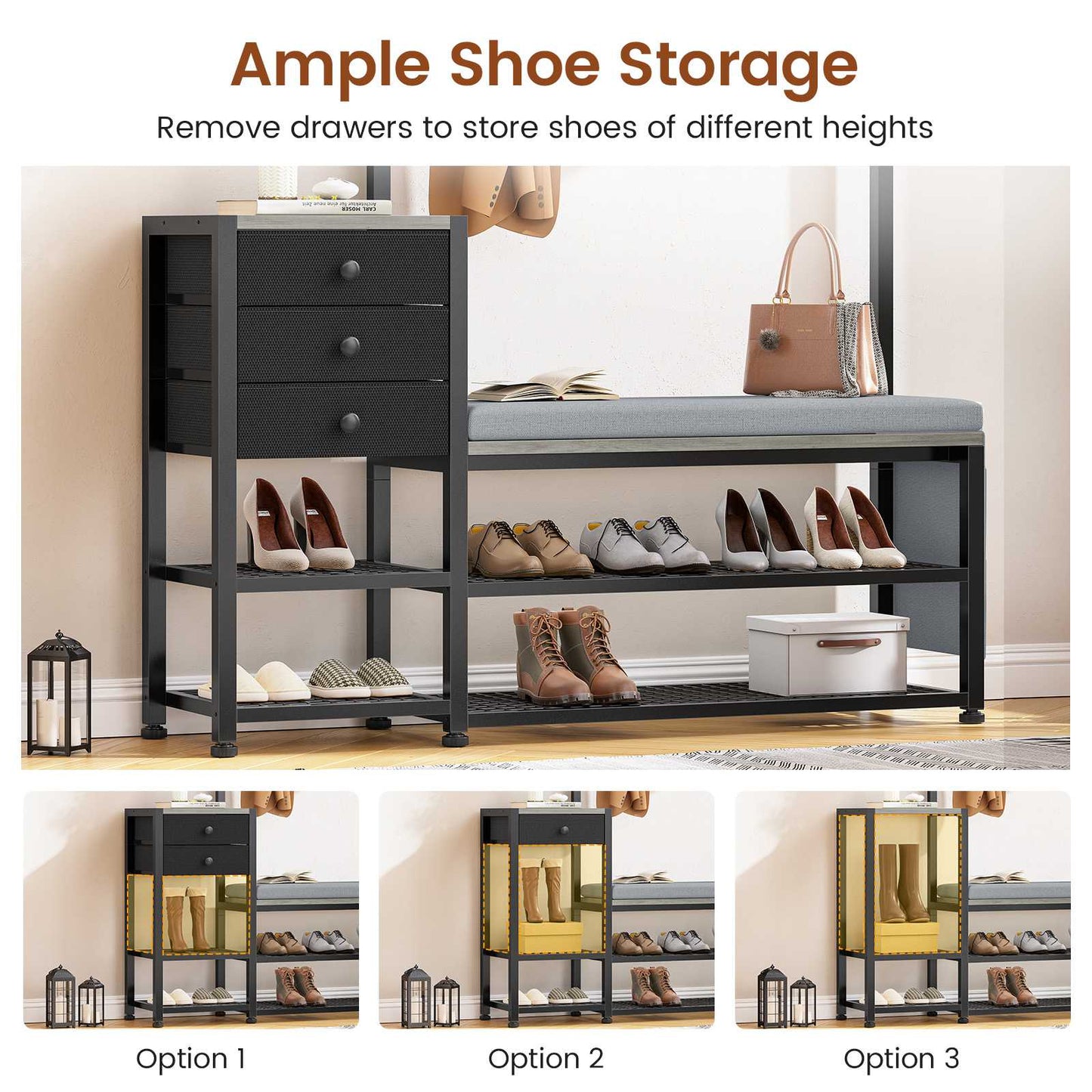 Itaar | Coat Rack Hall Tree with Bench and Shoe Storage 7 in 1 Entryway Bench with Soft Cushion Storage Bag 3 Fabric Drawers