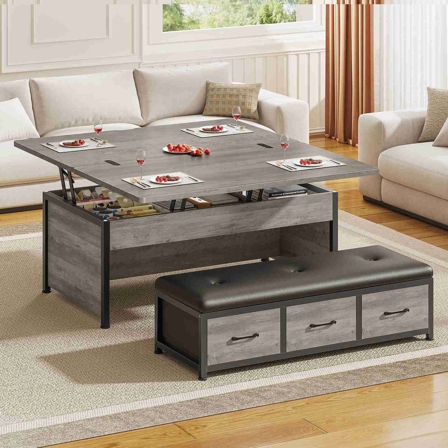 Itaar | Lift Top Coffee Table Set 43 Inch Multi-Function Coffee Table with Storage Drawers and Hidden Compartment
