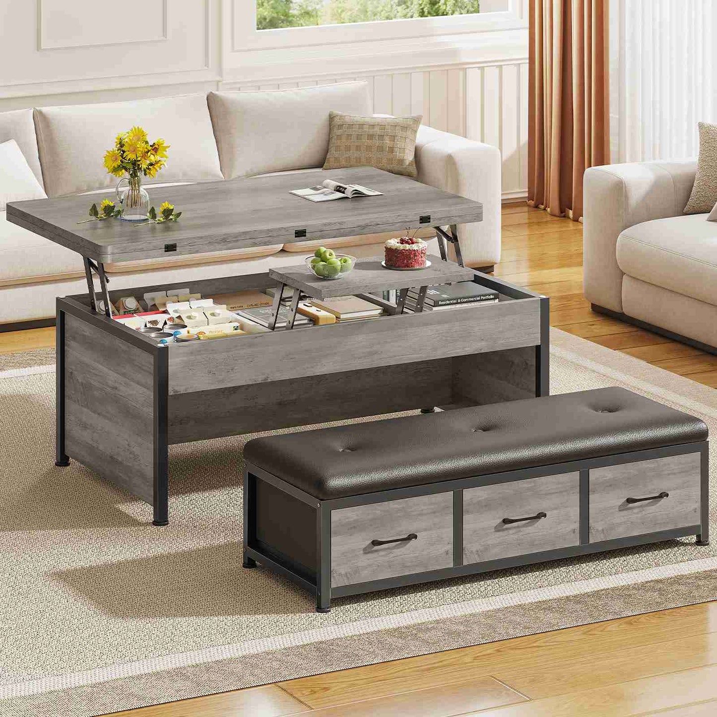 Itaar | Lift Top Coffee Table Set 43 Inch Multi-Function Coffee Table with Storage Drawers and Hidden Compartment