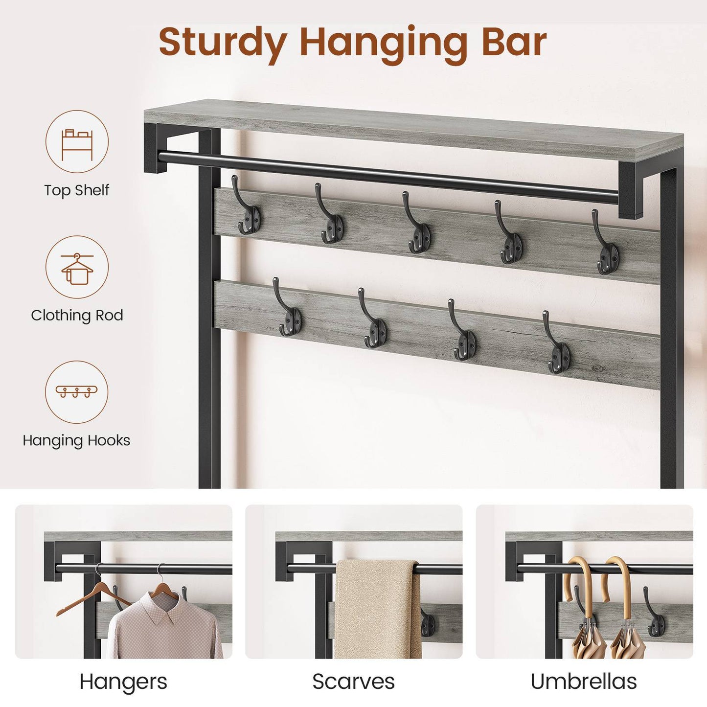 Itaar | Coat Rack Hall Tree with Bench and Shoe Storage 7 in 1 Entryway Bench with Soft Cushion Storage Bag 3 Fabric Drawers