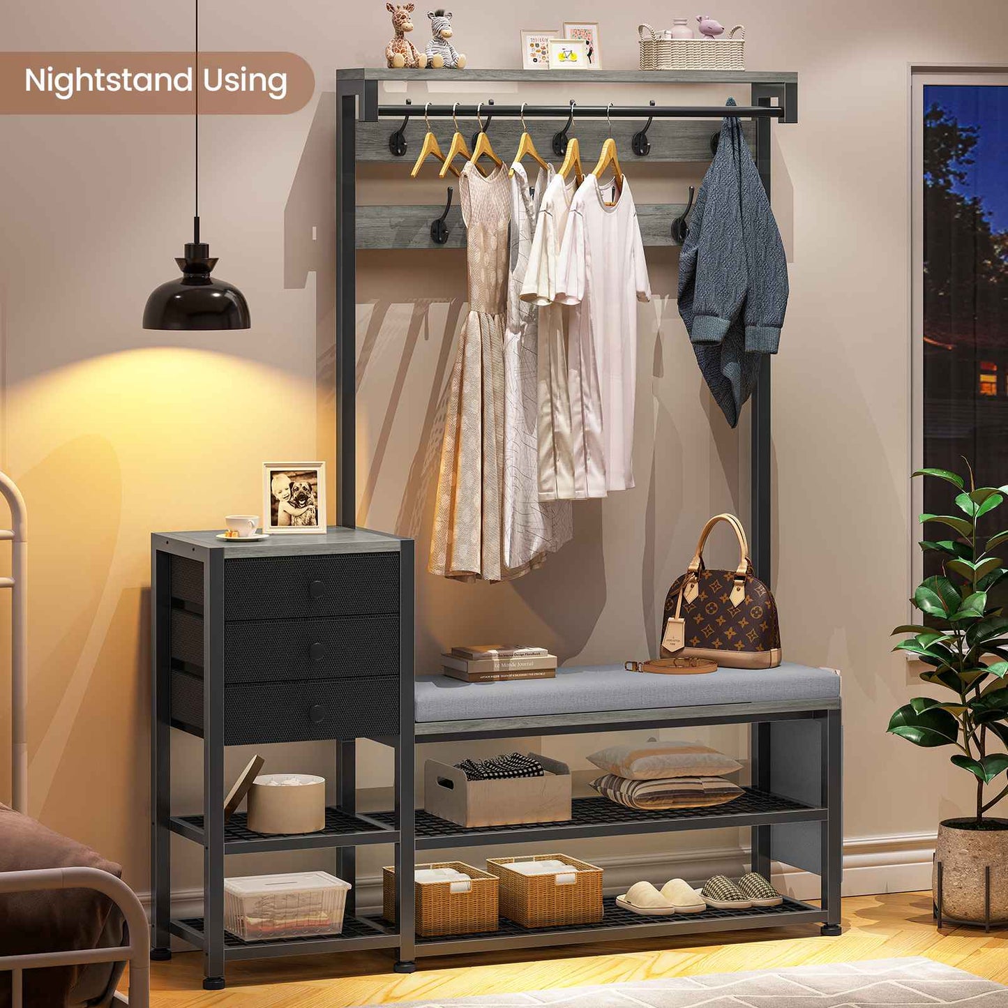 Itaar | Coat Rack Hall Tree with Bench and Shoe Storage 7 in 1 Entryway Bench with Soft Cushion Storage Bag 3 Fabric Drawers