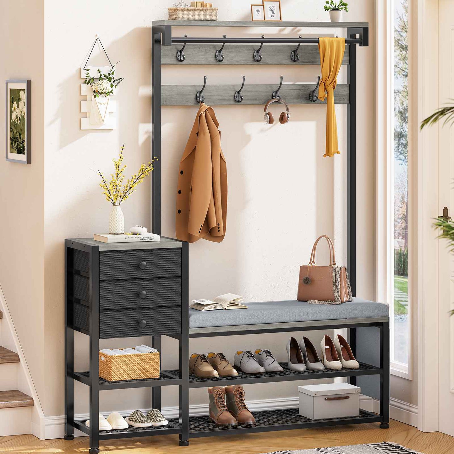 Itaar | Coat Rack Hall Tree with Bench and Shoe Storage 7 in 1 Entryway Bench with Soft Cushion Storage Bag 3 Fabric Drawers