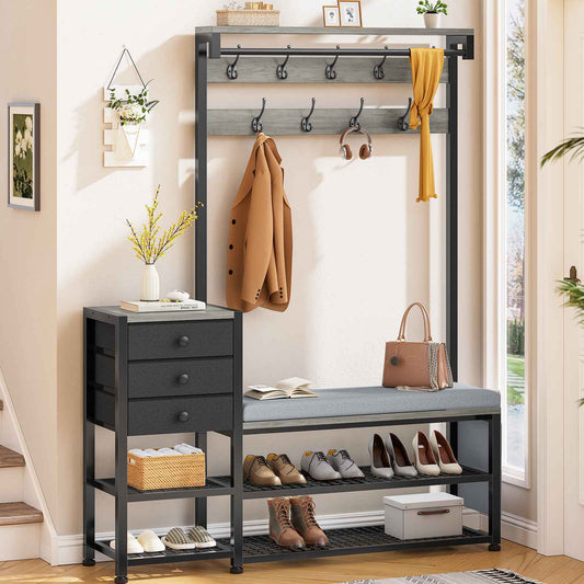 Itaar | Coat Rack Hall Tree with Bench and Shoe Storage 7 in 1 Entryway Bench with Soft Cushion Storage Bag 3 Fabric Drawers