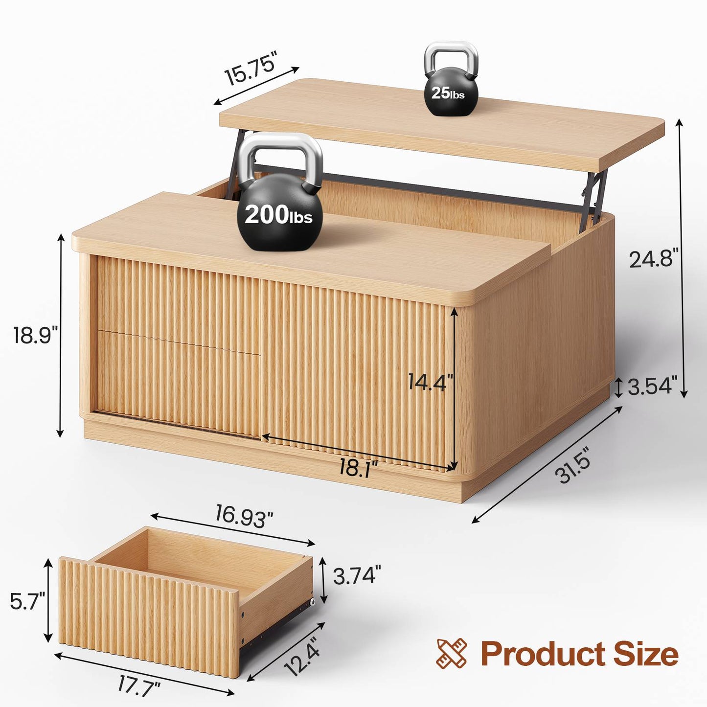 Itaar | 39.4 Inch Lift Top Coffee Table with Storage Fluted Coffee Tables for Living Room Square Coffee Table with Large Hidden Compartment