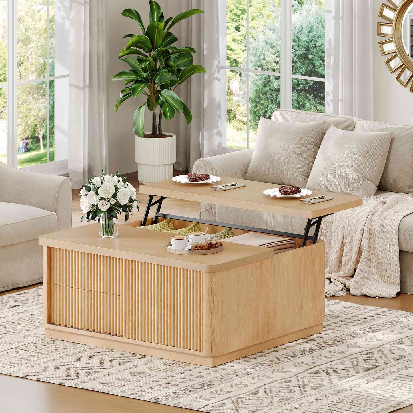 Itaar | 39.4 Inch Lift Top Coffee Table with Storage Fluted Coffee Tables for Living Room Square Coffee Table with Large Hidden Compartment
