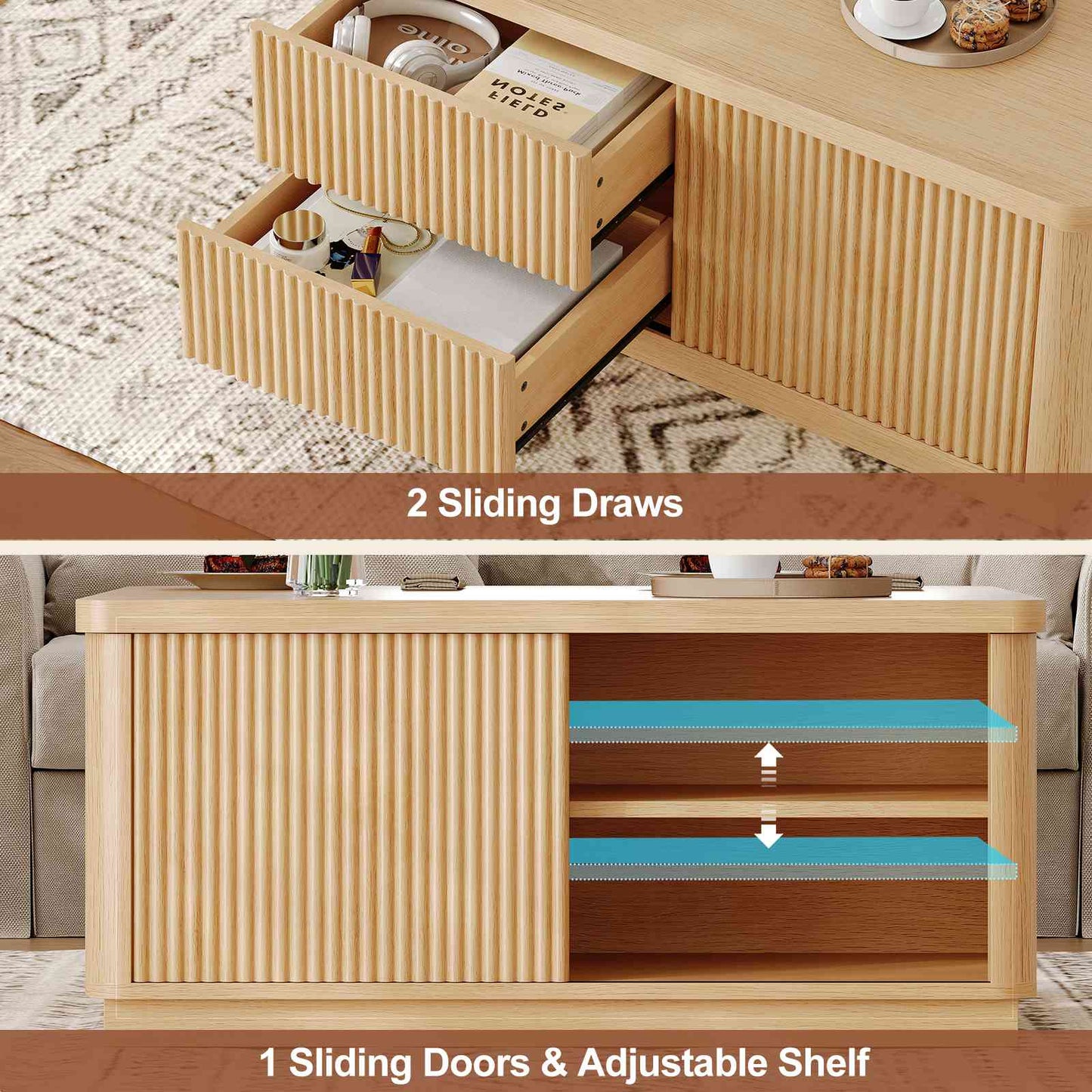 Itaar | 39.4 Inch Lift Top Coffee Table with Storage Fluted Coffee Tables for Living Room Square Coffee Table with Large Hidden Compartment
