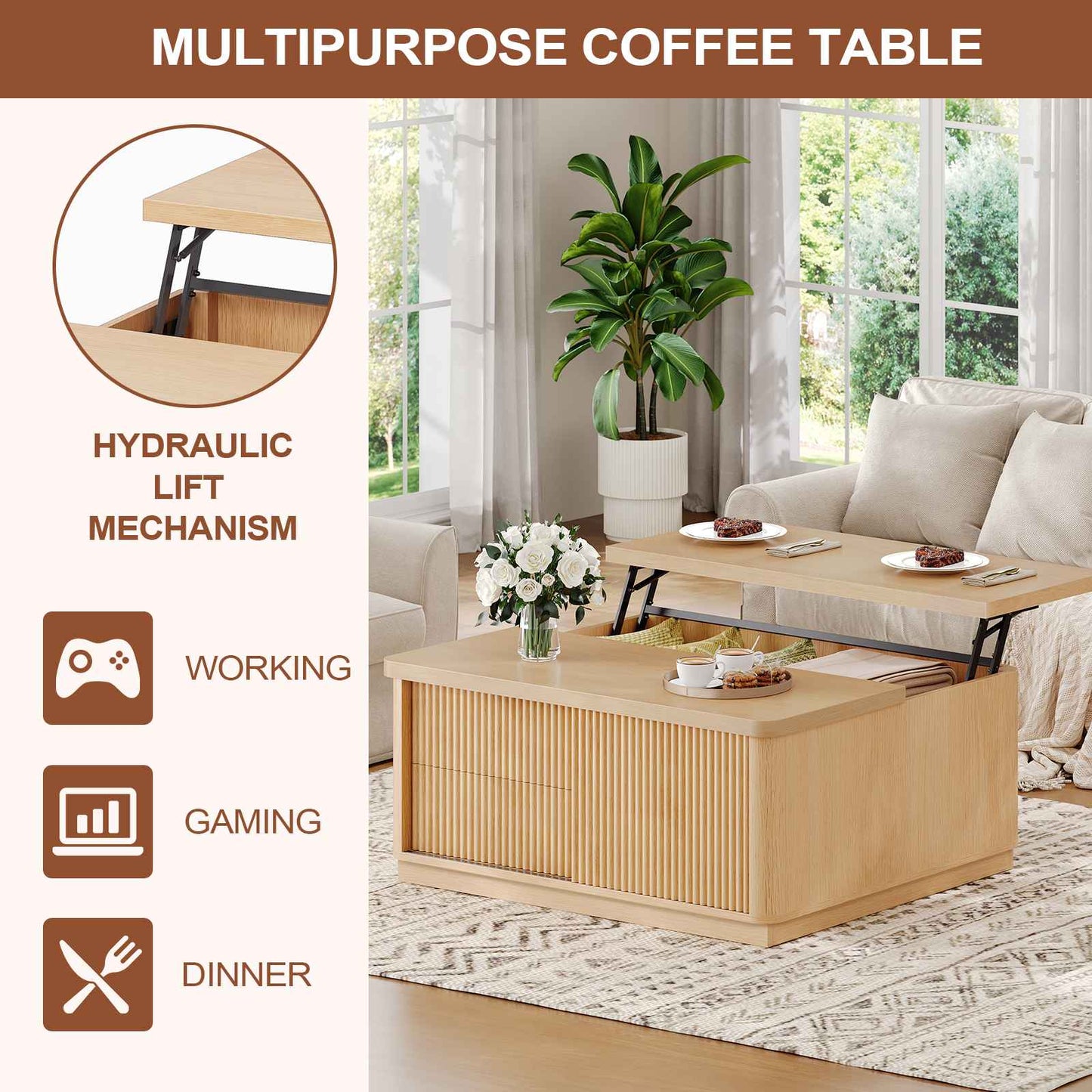 Itaar | 39.4 Inch Lift Top Coffee Table with Storage Fluted Coffee Tables for Living Room Square Coffee Table with Large Hidden Compartment