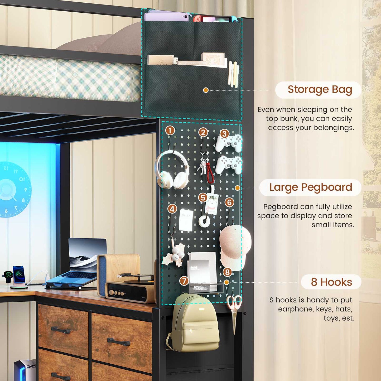 Itaar | Twin Loft Bed with L-Shaped Desk 8 Storage Drawers Metal Kids Twin Loft Bed with Led Lights Charging Station Hall Tree