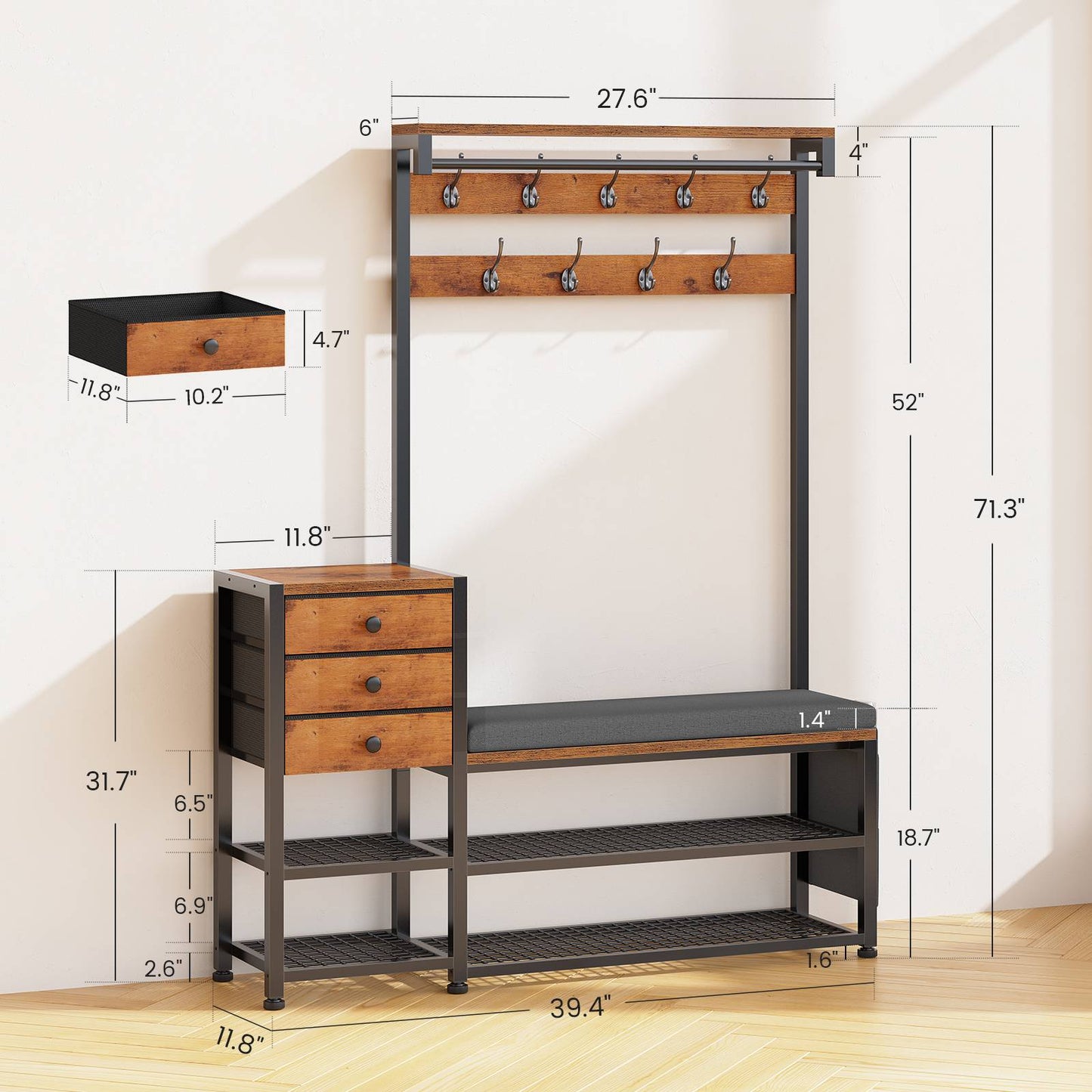 Itaar | Coat Rack Hall Tree with Bench and Shoe Storage 7 in 1 Entryway Bench with Soft Cushion Storage Bag 3 Fabric Drawers