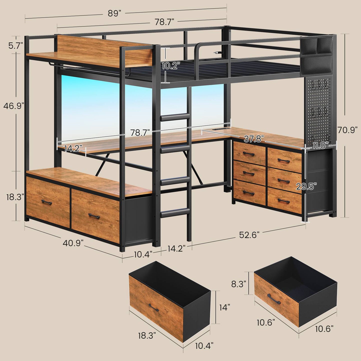 Itaar | Twin Loft Bed with L-Shaped Desk 8 Storage Drawers Metal Kids Twin Loft Bed with Led Lights Charging Station Hall Tree