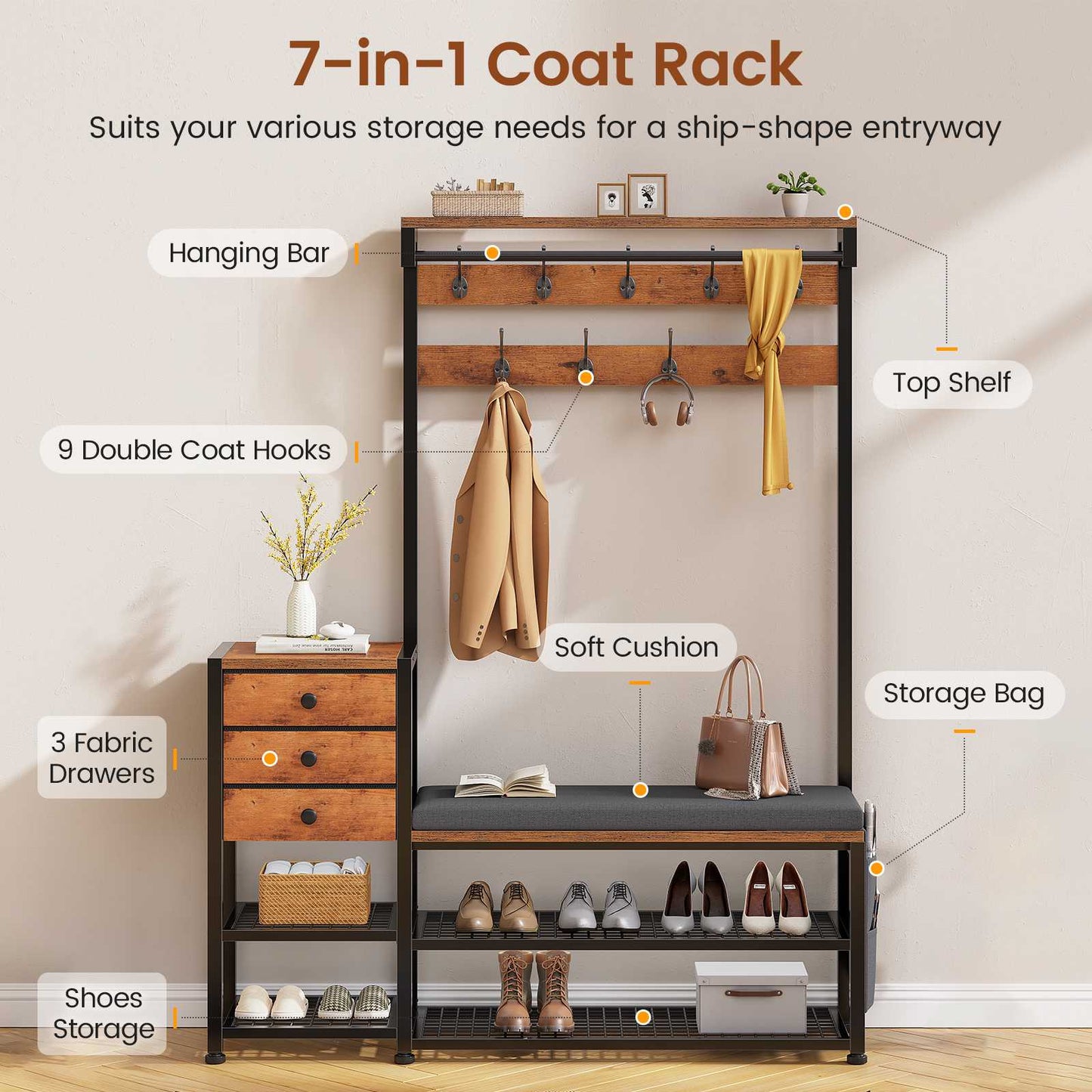 Itaar | Coat Rack Hall Tree with Bench and Shoe Storage 7 in 1 Entryway Bench with Soft Cushion Storage Bag 3 Fabric Drawers