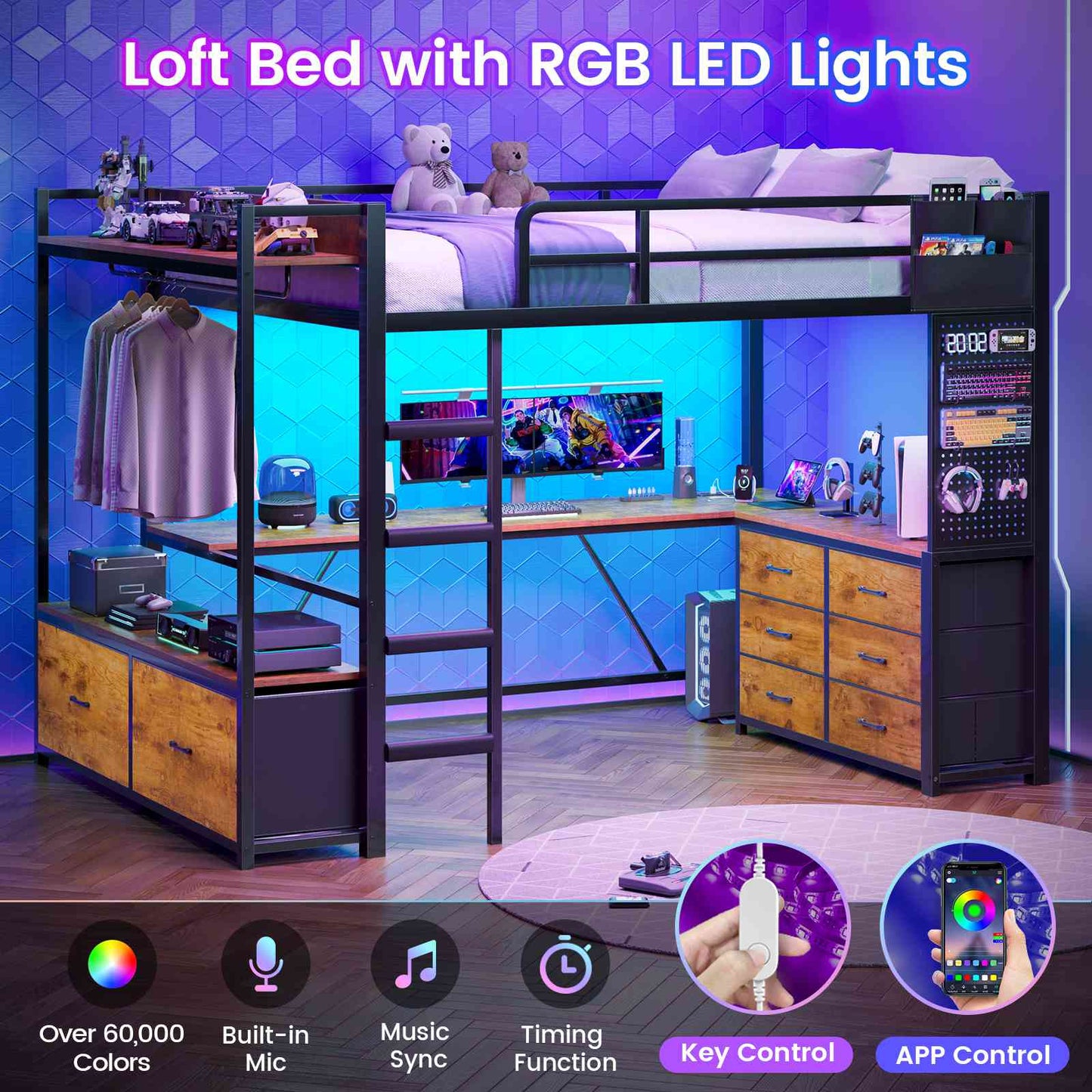 Itaar | Twin Loft Bed with L-Shaped Desk 8 Storage Drawers Metal Kids Twin Loft Bed with Led Lights Charging Station Hall Tree