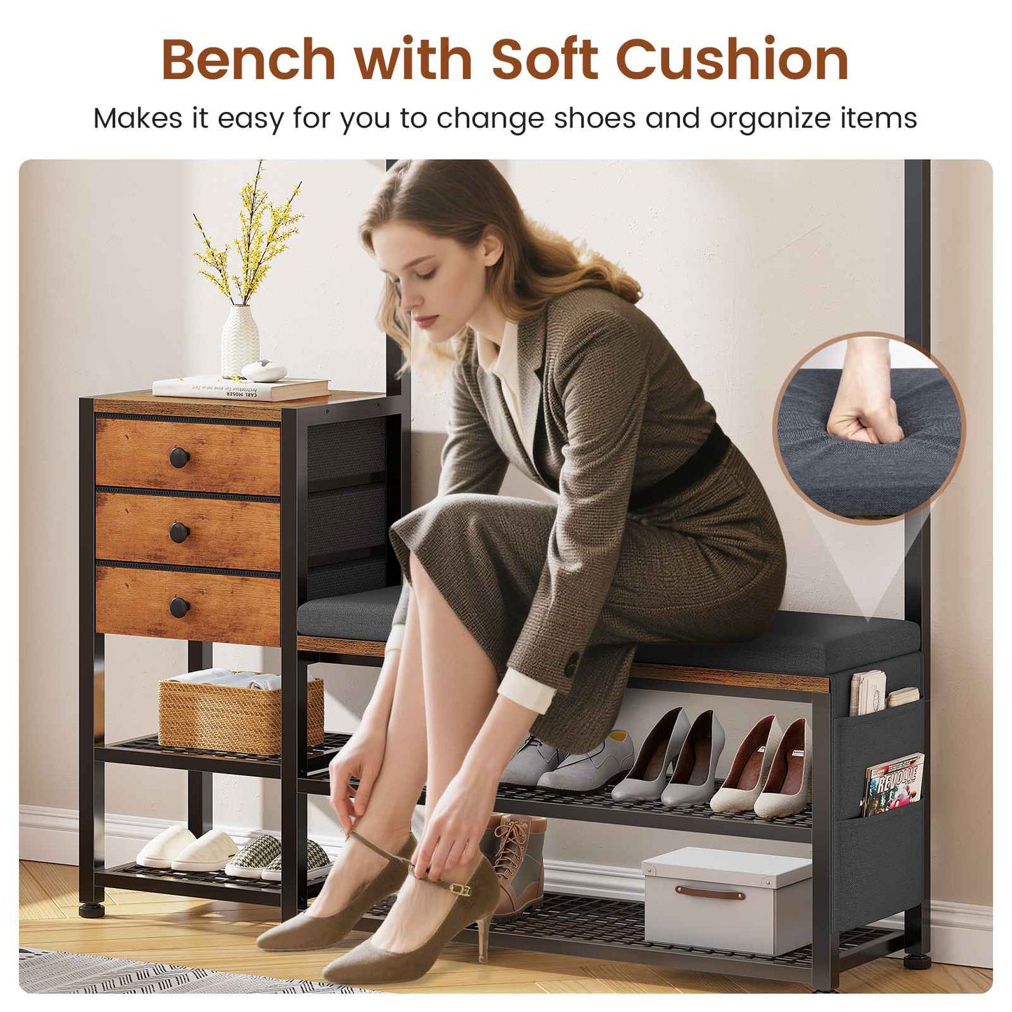 Itaar | Coat Rack Hall Tree with Bench and Shoe Storage 7 in 1 Entryway Bench with Soft Cushion Storage Bag 3 Fabric Drawers
