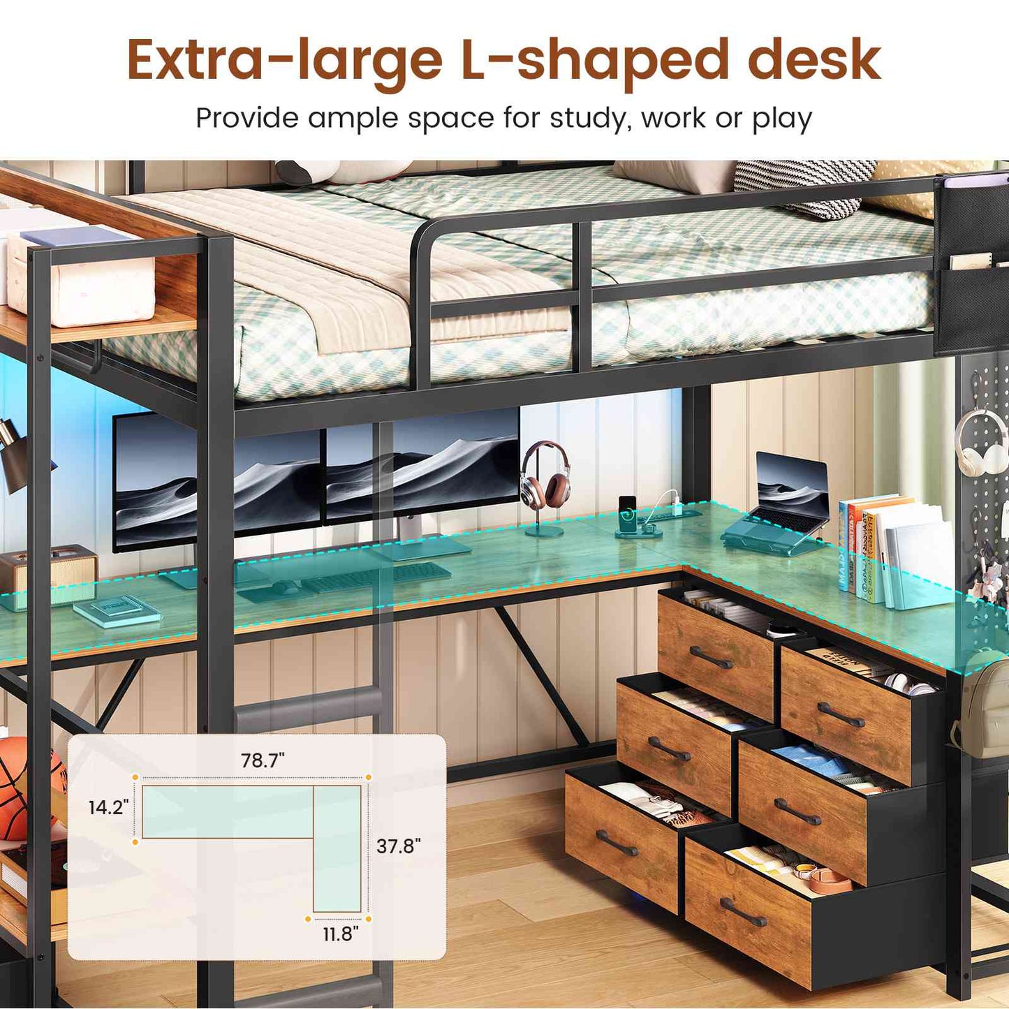 Itaar | Twin Loft Bed with L-Shaped Desk 8 Storage Drawers Metal Kids Twin Loft Bed with Led Lights Charging Station Hall Tree