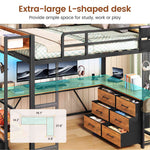 Itaar | Twin Loft Bed with L-Shaped Desk 8 Storage Drawers Metal Kids Twin Loft Bed with Led Lights Charging Station Hall Tree