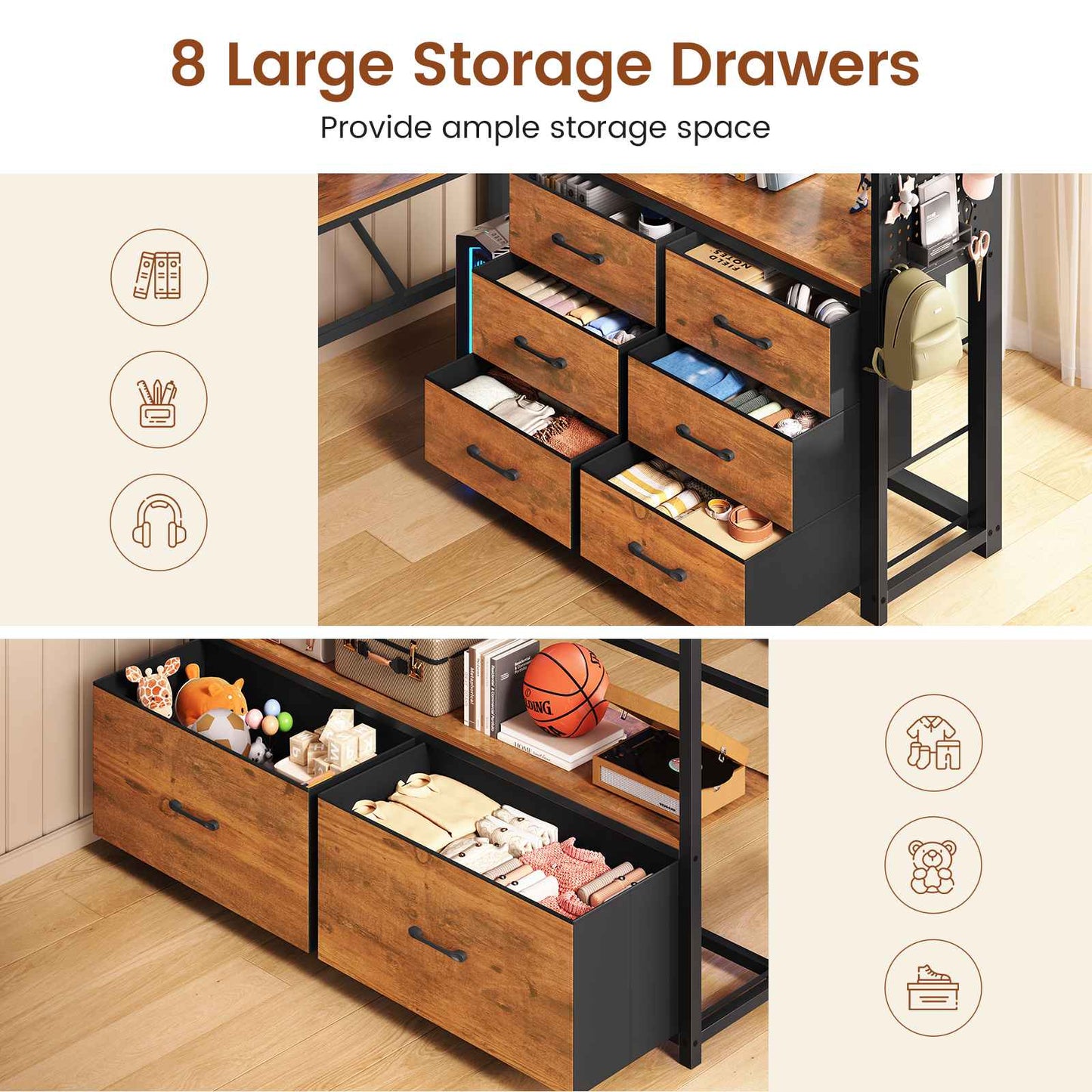 Itaar | Twin Loft Bed with L-Shaped Desk 8 Storage Drawers Metal Kids Twin Loft Bed with Led Lights Charging Station Hall Tree