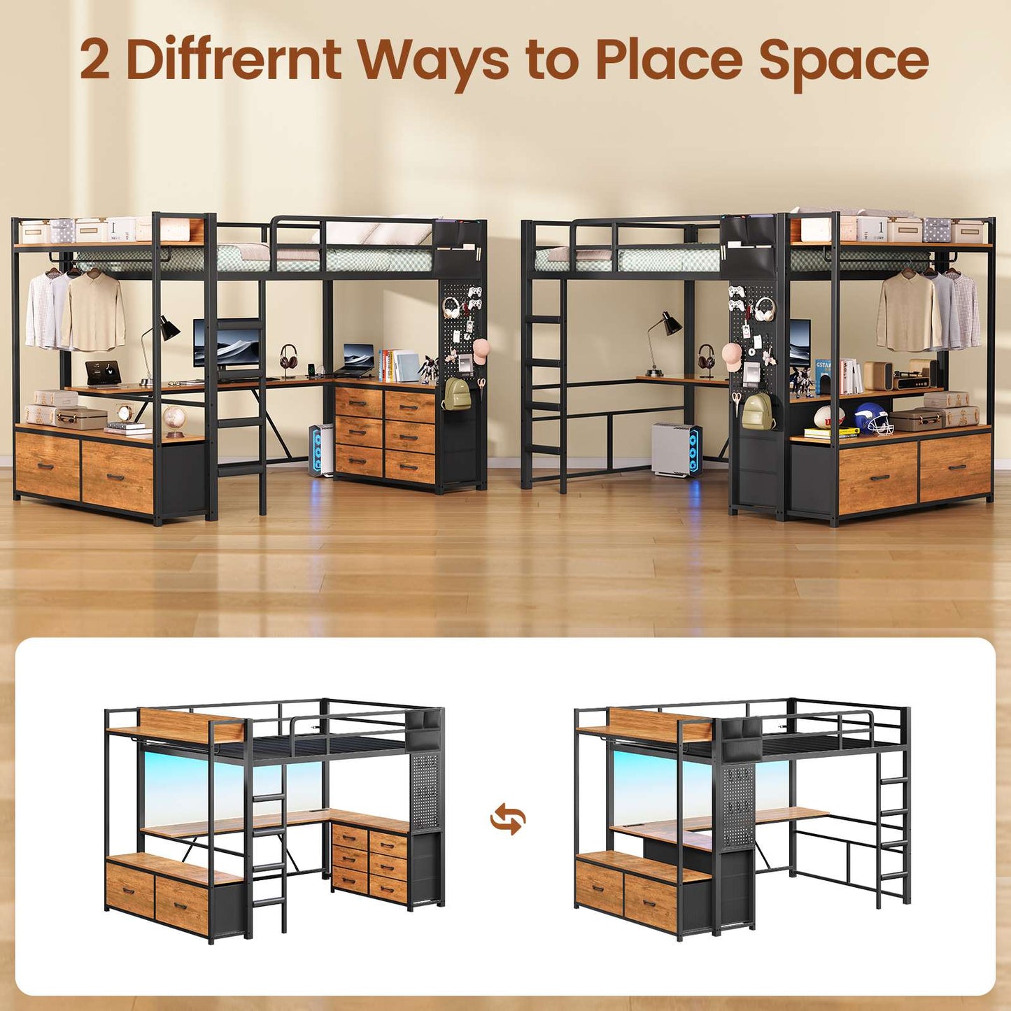 Itaar | Twin Loft Bed with L-Shaped Desk 8 Storage Drawers Metal Kids Twin Loft Bed with Led Lights Charging Station Hall Tree