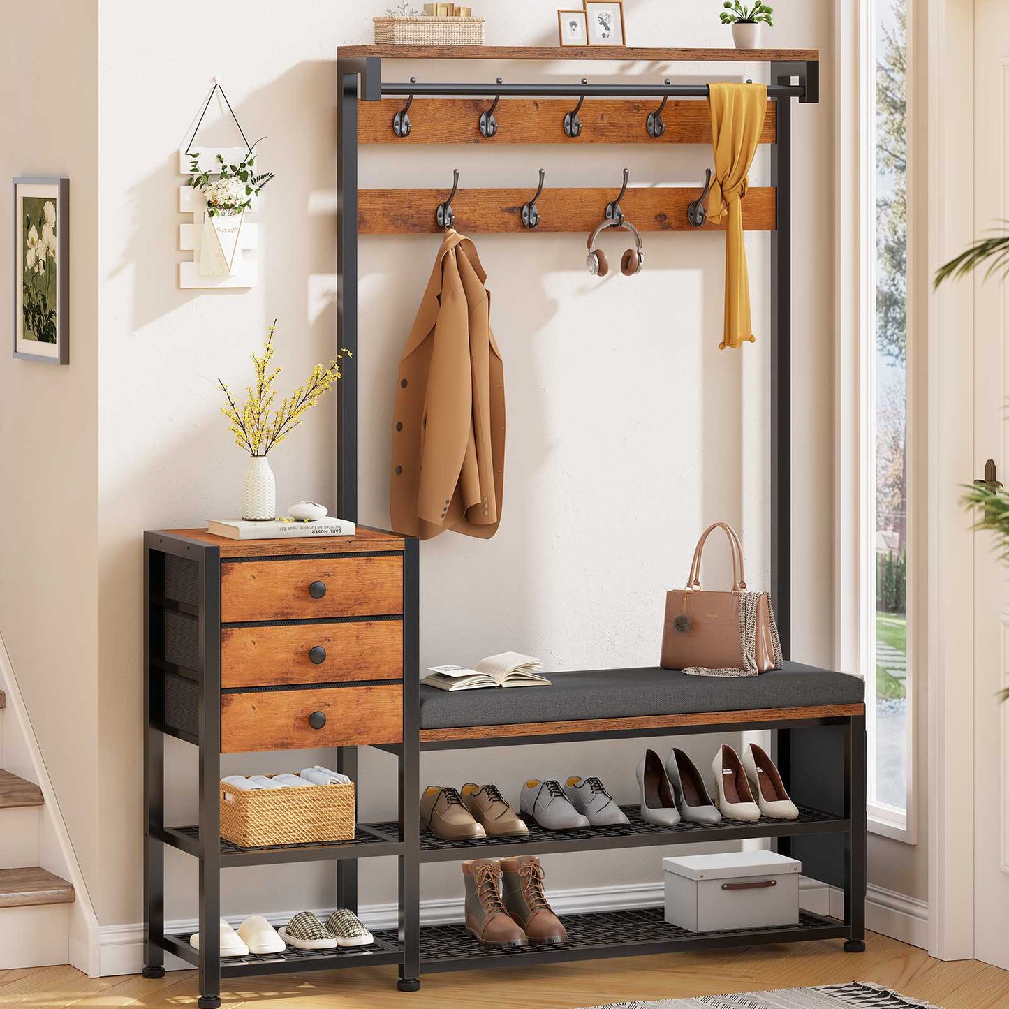 Itaar | Coat Rack Hall Tree with Bench and Shoe Storage 7 in 1 Entryway Bench with Soft Cushion Storage Bag 3 Fabric Drawers