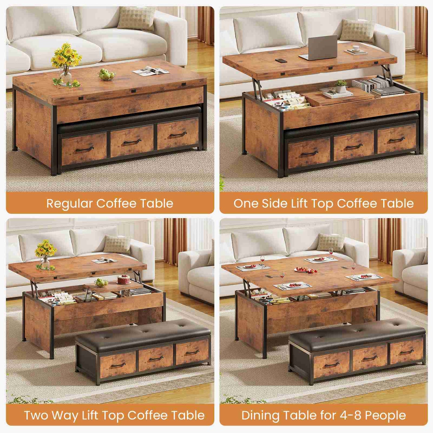 Itaar | Lift Top Coffee Table Set 43 Inch Multi-Function Coffee Table with Storage Drawers and Hidden Compartment