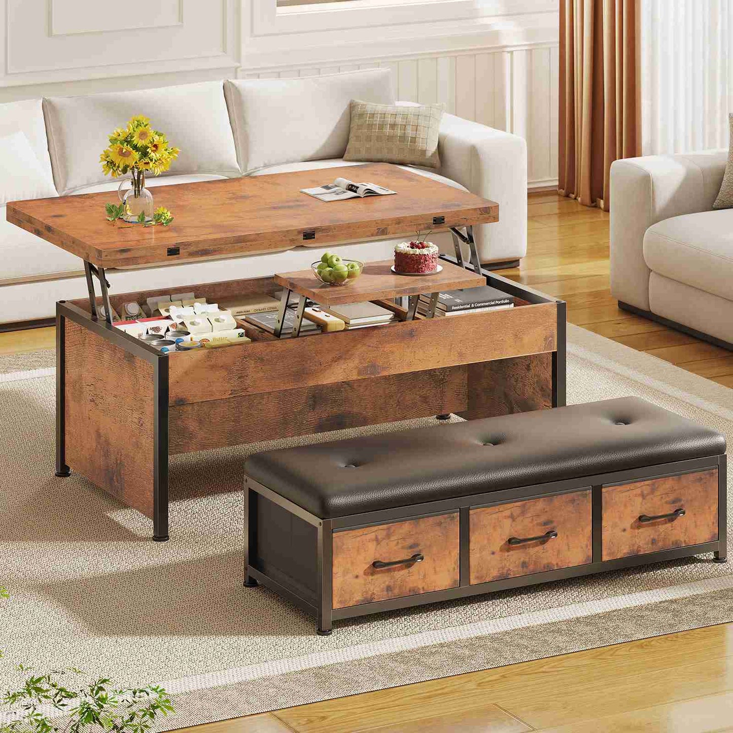Itaar | Lift Top Coffee Table Set 43 Inch Multi-Function Coffee Table with Storage Drawers and Hidden Compartment