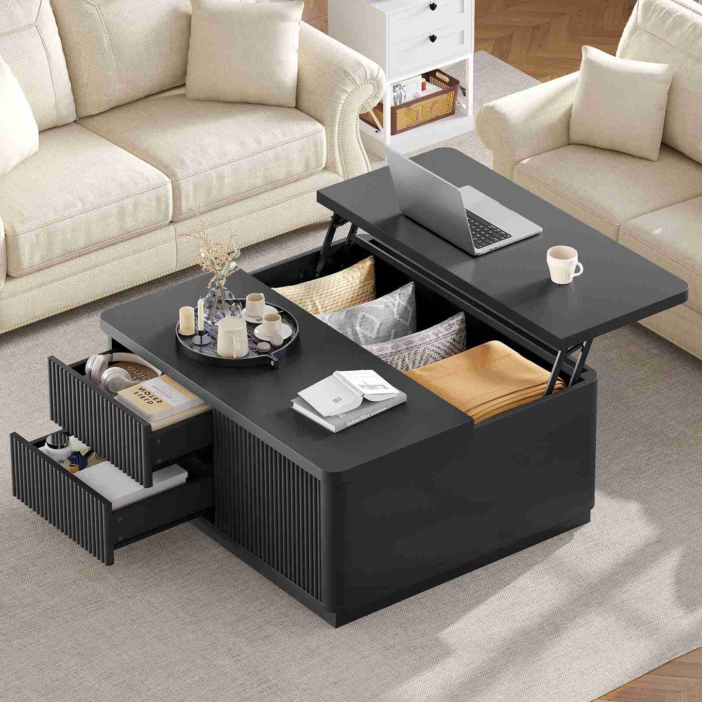 Itaar | 39.4 Inch Lift Top Coffee Table with Storage Fluted Coffee Tables for Living Room Square Coffee Table with Large Hidden Compartment
