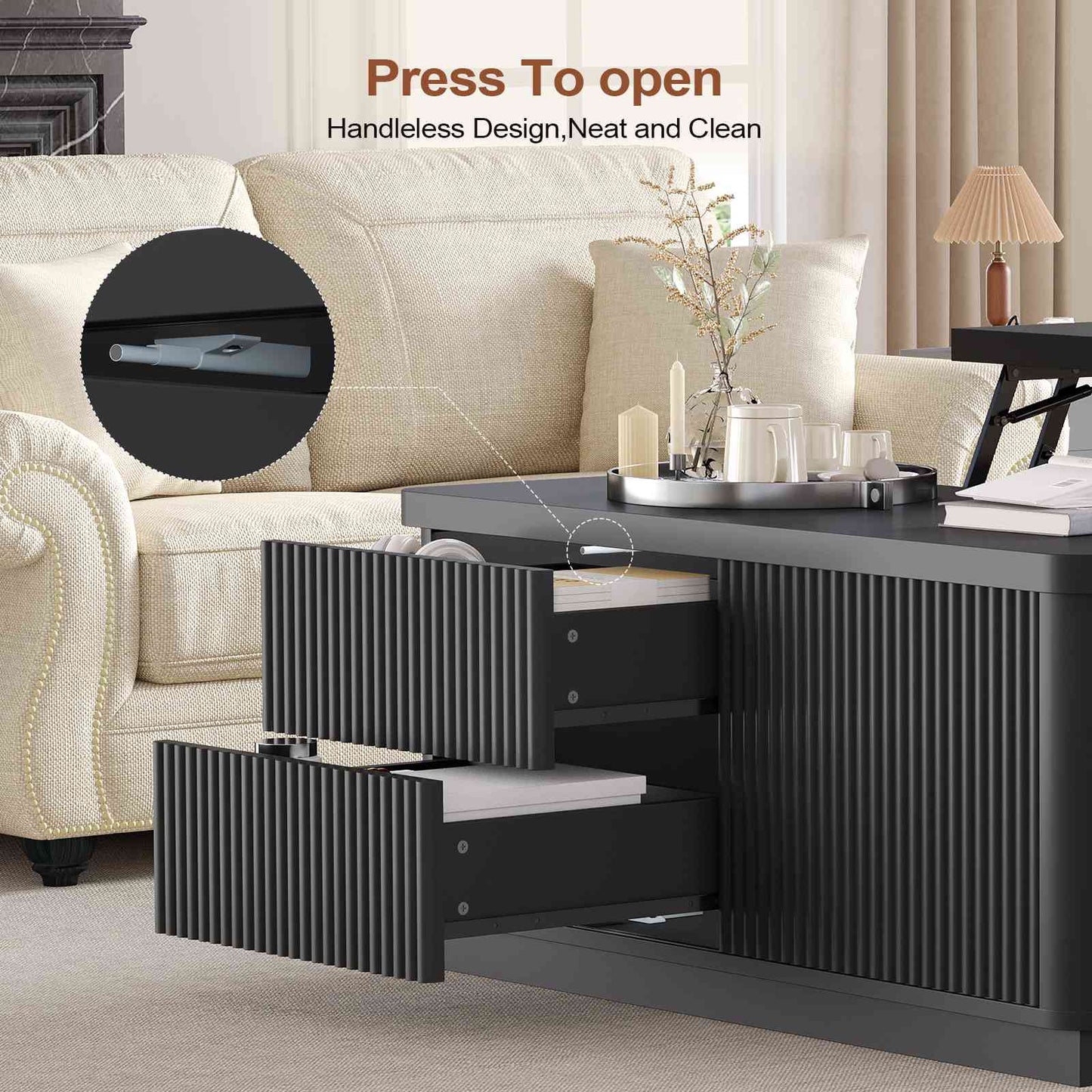 Itaar | 39.4 Inch Lift Top Coffee Table with Storage Fluted Coffee Tables for Living Room Square Coffee Table with Large Hidden Compartment