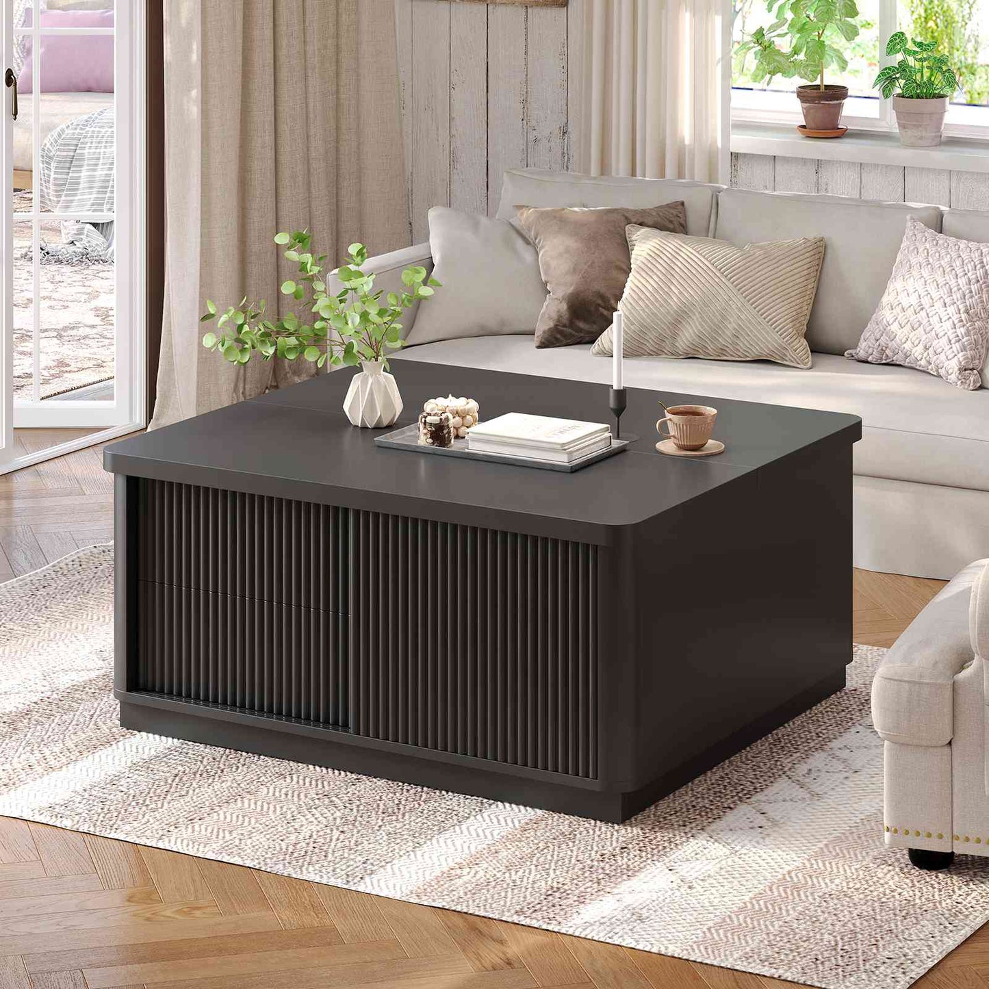 Itaar | 39.4 Inch Lift Top Coffee Table with Storage Fluted Coffee Tables for Living Room Square Coffee Table with Large Hidden Compartment