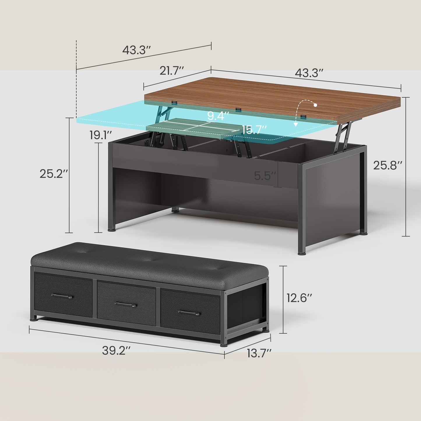 Itaar | Lift Top Coffee Table Set 43 Inch Multi-Function Coffee Table with Storage Drawers and Hidden Compartment