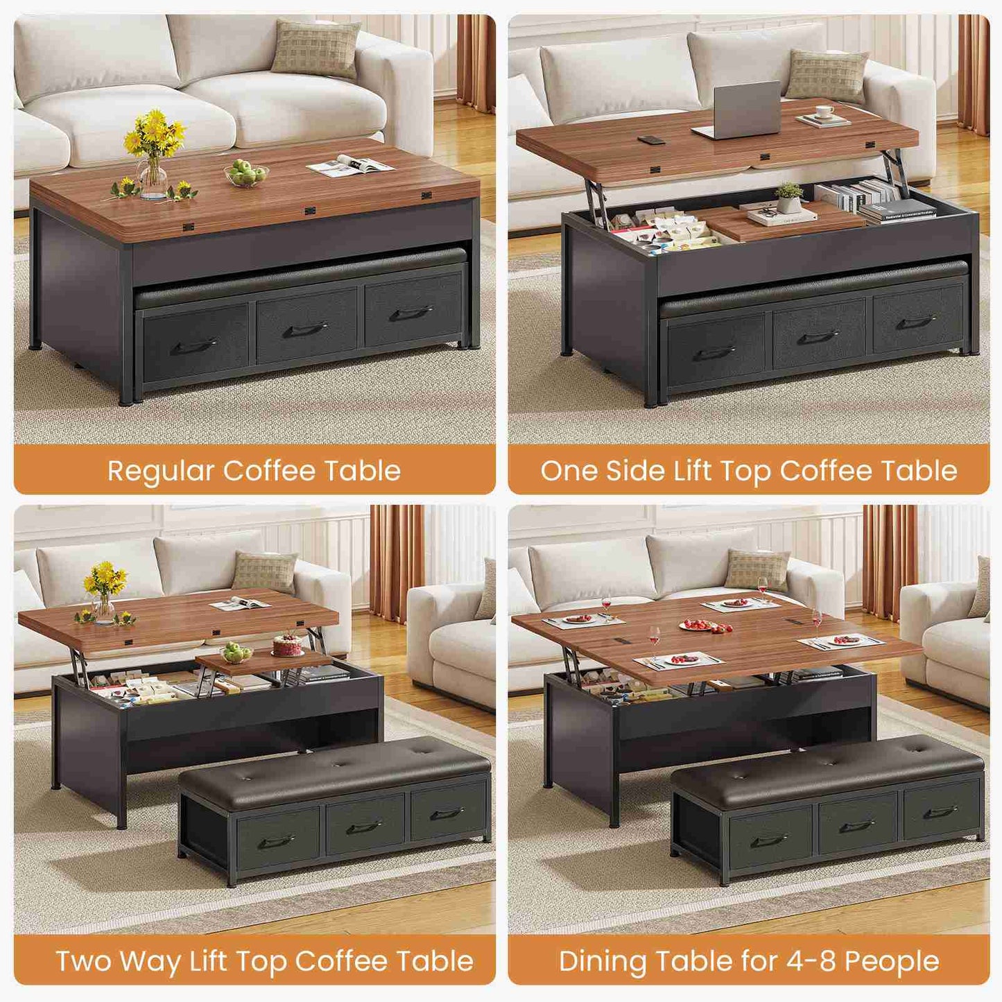 Itaar | Lift Top Coffee Table Set 43 Inch Multi-Function Coffee Table with Storage Drawers and Hidden Compartment