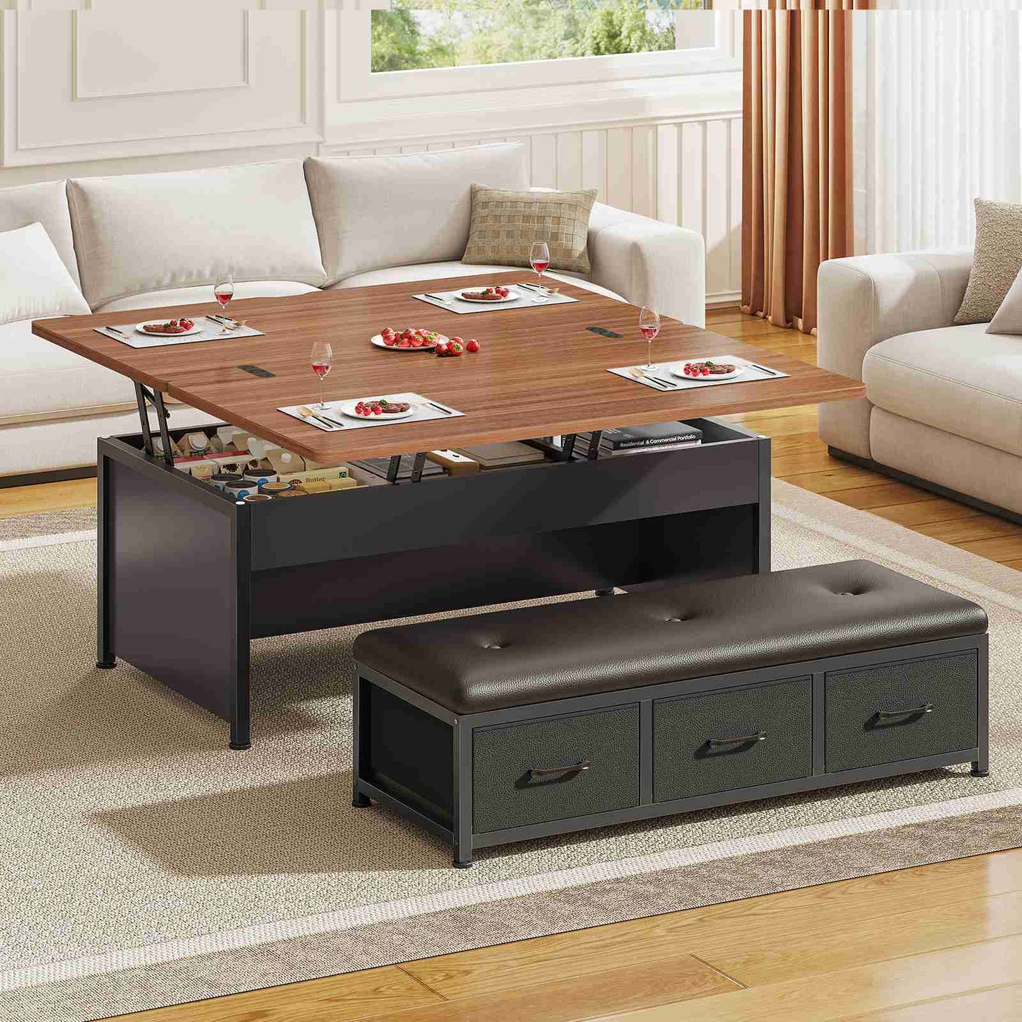 Itaar | Lift Top Coffee Table Set 43 Inch Multi-Function Coffee Table with Storage Drawers and Hidden Compartment