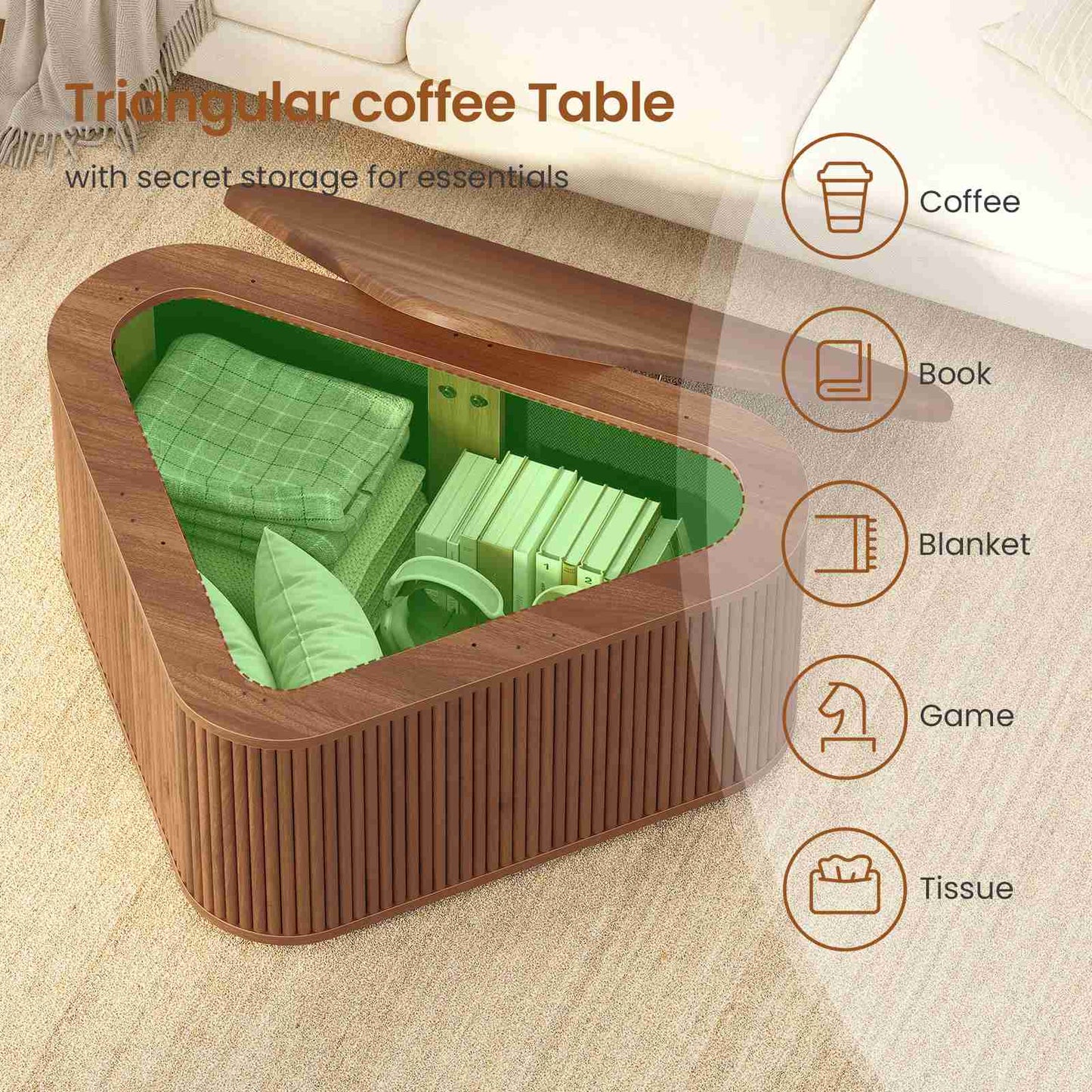 Itaar | Fluted Coffee Table with Storage Mid Century Modern Center Table Coffee Table for Living Room Apartment Small Space