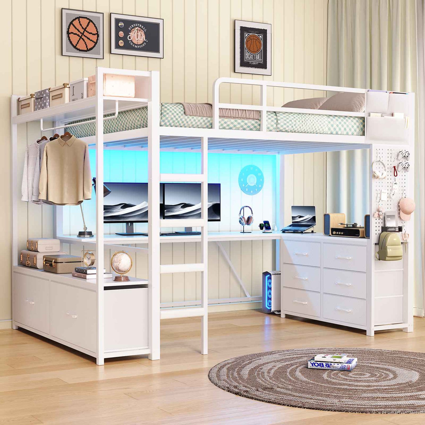Itaar | Twin Loft Bed with L-Shaped Desk 8 Storage Drawers Metal Kids Twin Loft Bed with Led Lights Charging Station Hall Tree